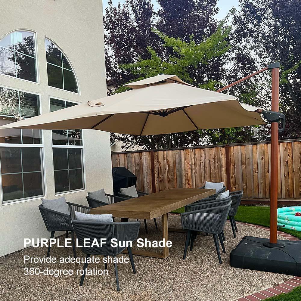 PURPLE LEAF Outdoor Garden Umbrella with Base, Cantilever Umbrellas in Wood Color - Image 46