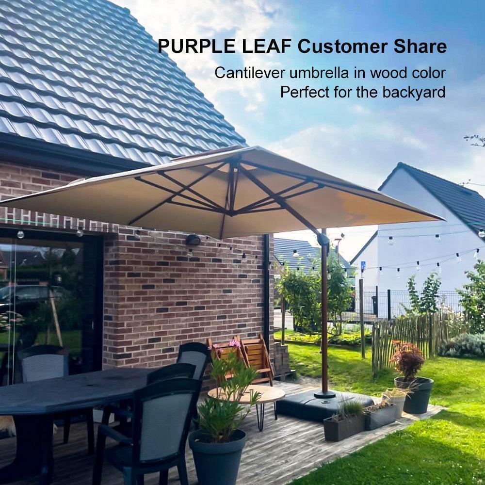 PURPLE LEAF Outdoor Garden Umbrella with Base, Cantilever Umbrellas in Wood Color - Image 48