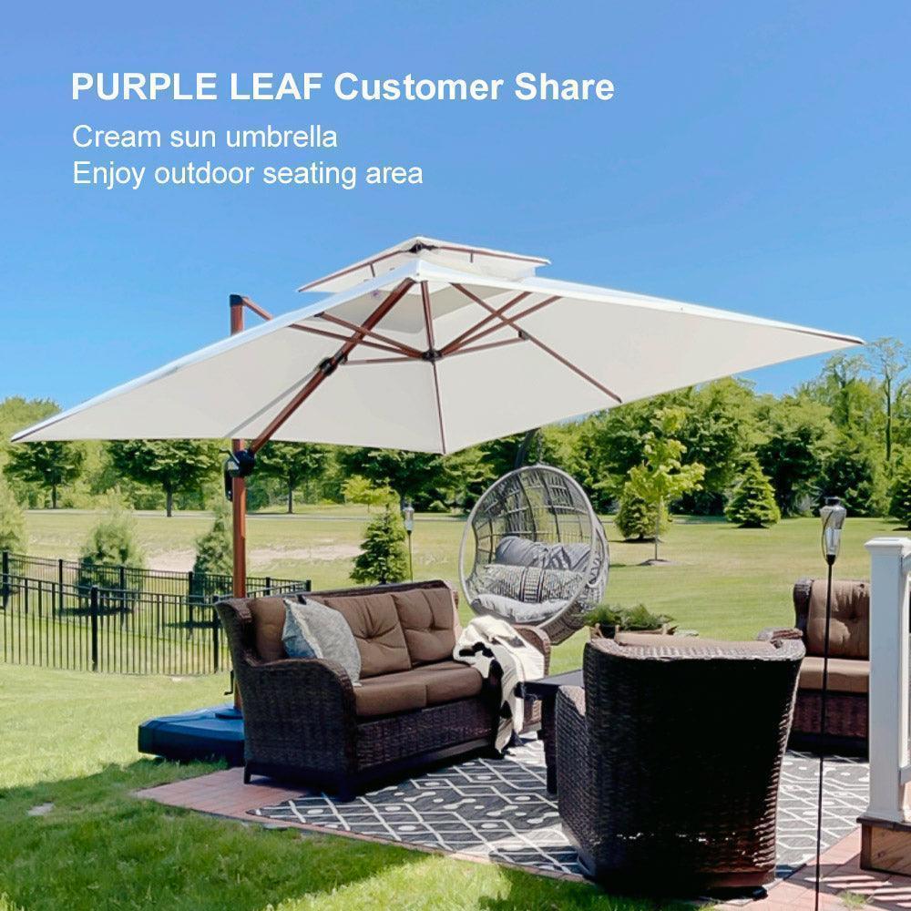PURPLE LEAF Outdoor Garden Umbrella with Base, Cantilever Umbrellas in Wood Color - Image 53