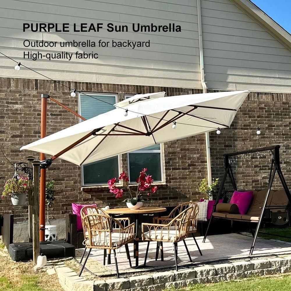 PURPLE LEAF Outdoor Garden Umbrella with Base, Cantilever Umbrellas in Wood Color - Image 54