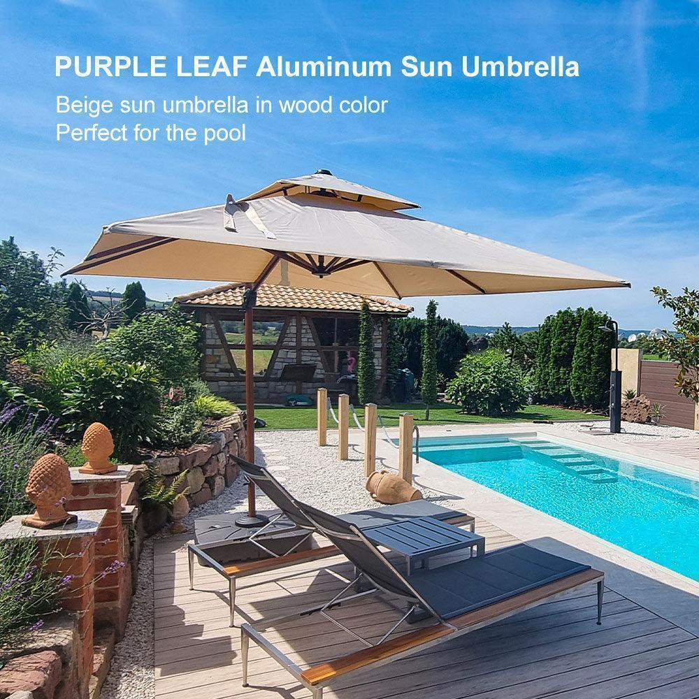PURPLE LEAF Outdoor Garden Umbrella with Base, Cantilever Umbrellas in Wood Color - Image 59