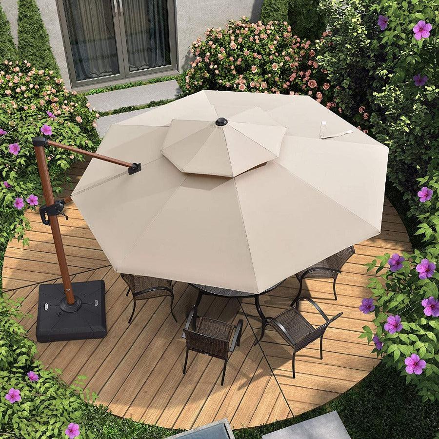 PURPLE LEAF Outdoor Garden Umbrella with Base, Cantilever Umbrellas in Wood Color - Image 6