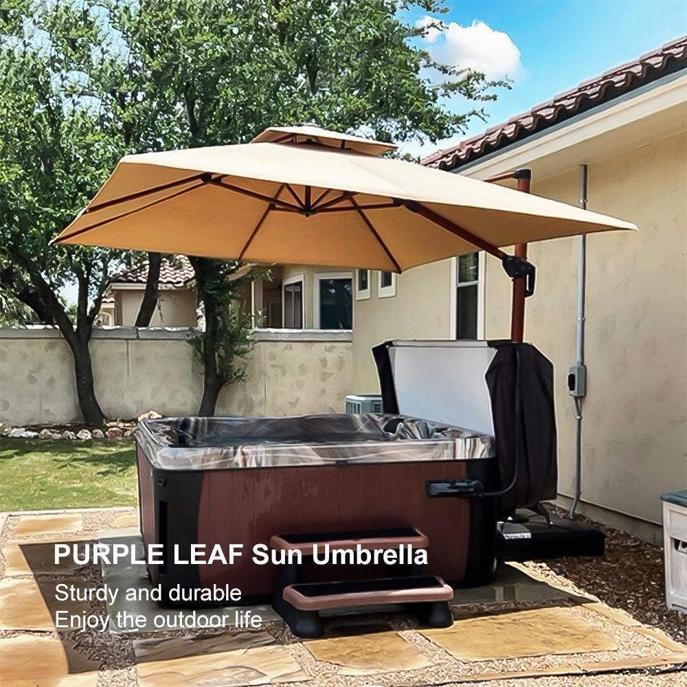 PURPLE LEAF Outdoor Garden Umbrella with Base, Cantilever Umbrellas in Wood Color - Image 60
