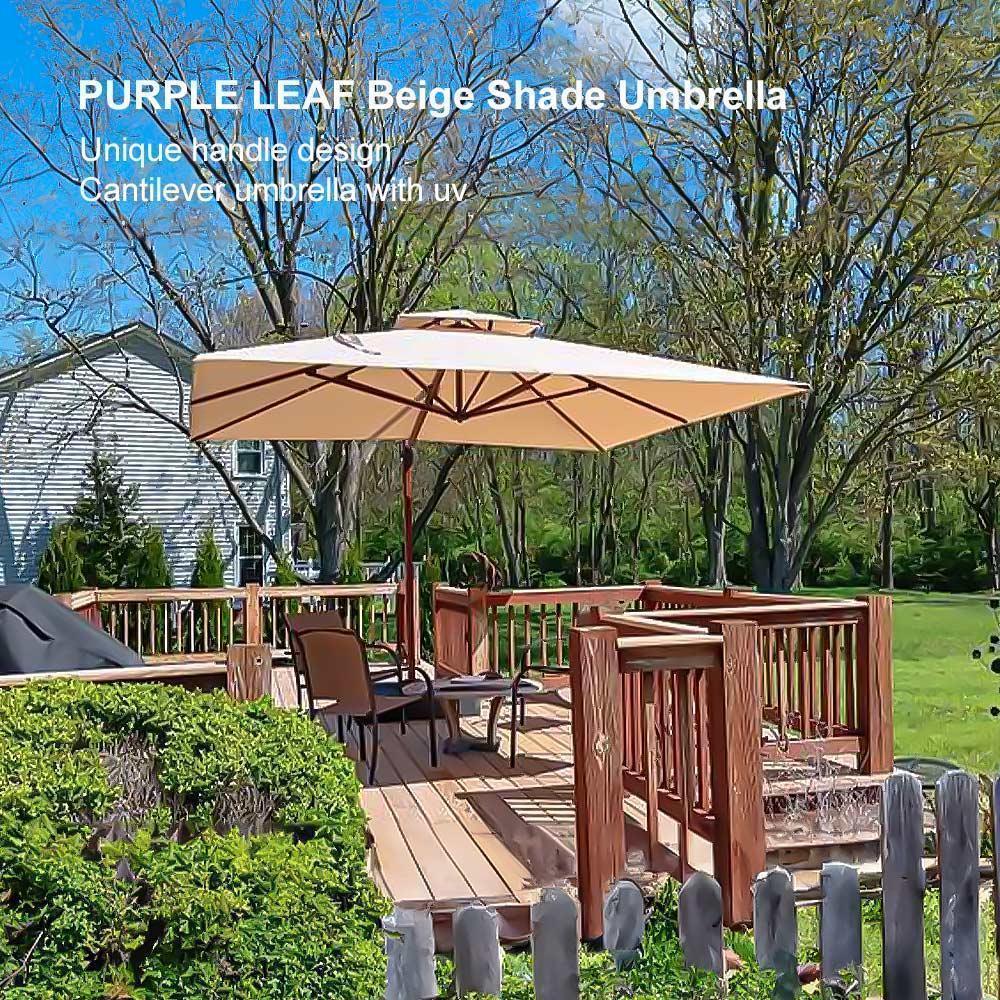 PURPLE LEAF Outdoor Garden Umbrella with Base, Cantilever Umbrellas in Wood Color - Image 62