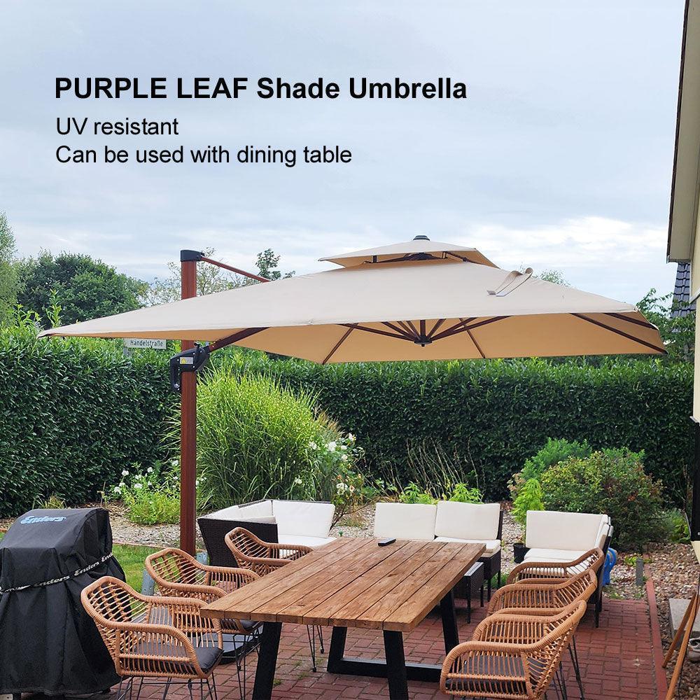 PURPLE LEAF Outdoor Garden Umbrella with Base, Cantilever Umbrellas in Wood Color - Image 64