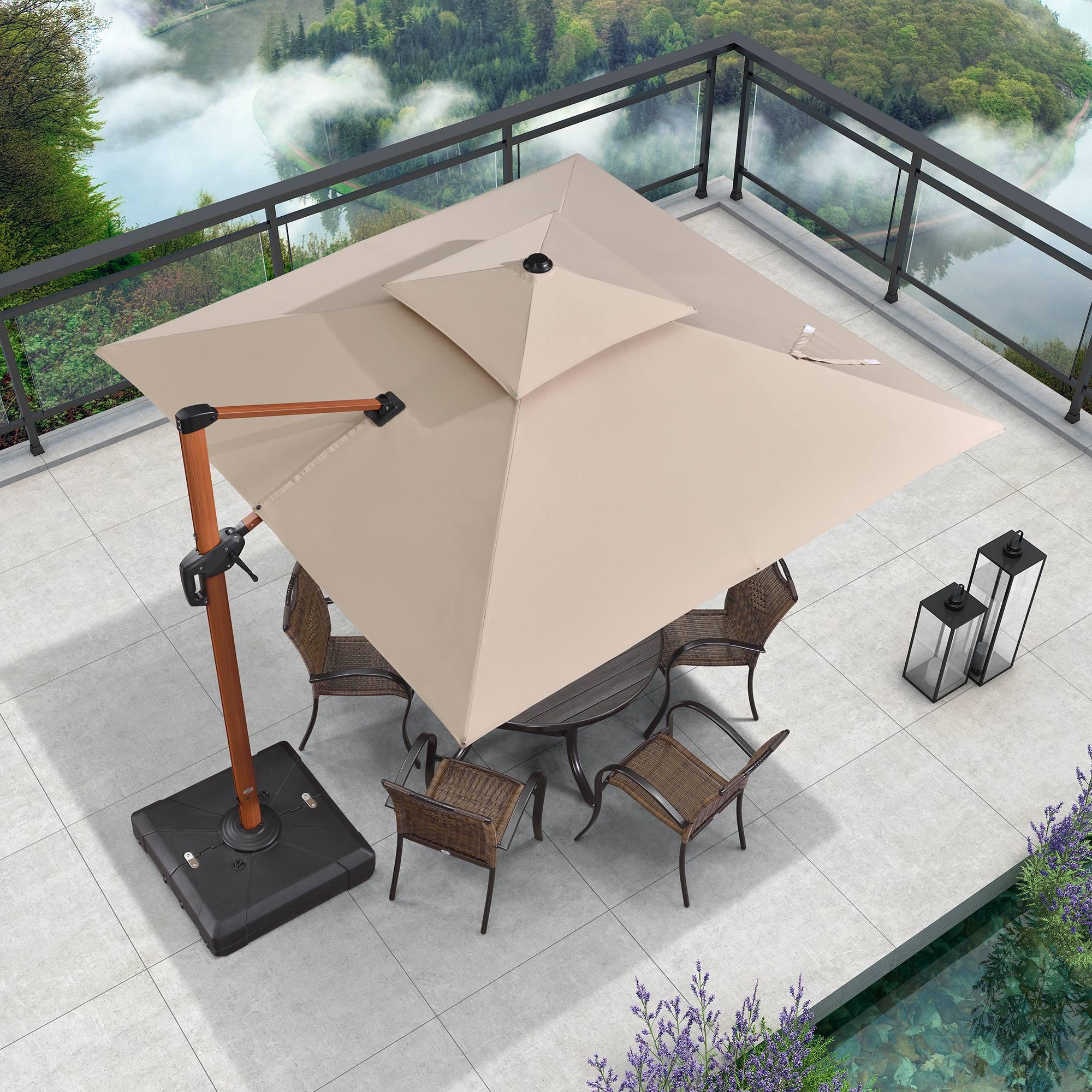 PURPLE LEAF Outdoor Garden Umbrella with Base, Cantilever Umbrellas in Wood Color - Image 72