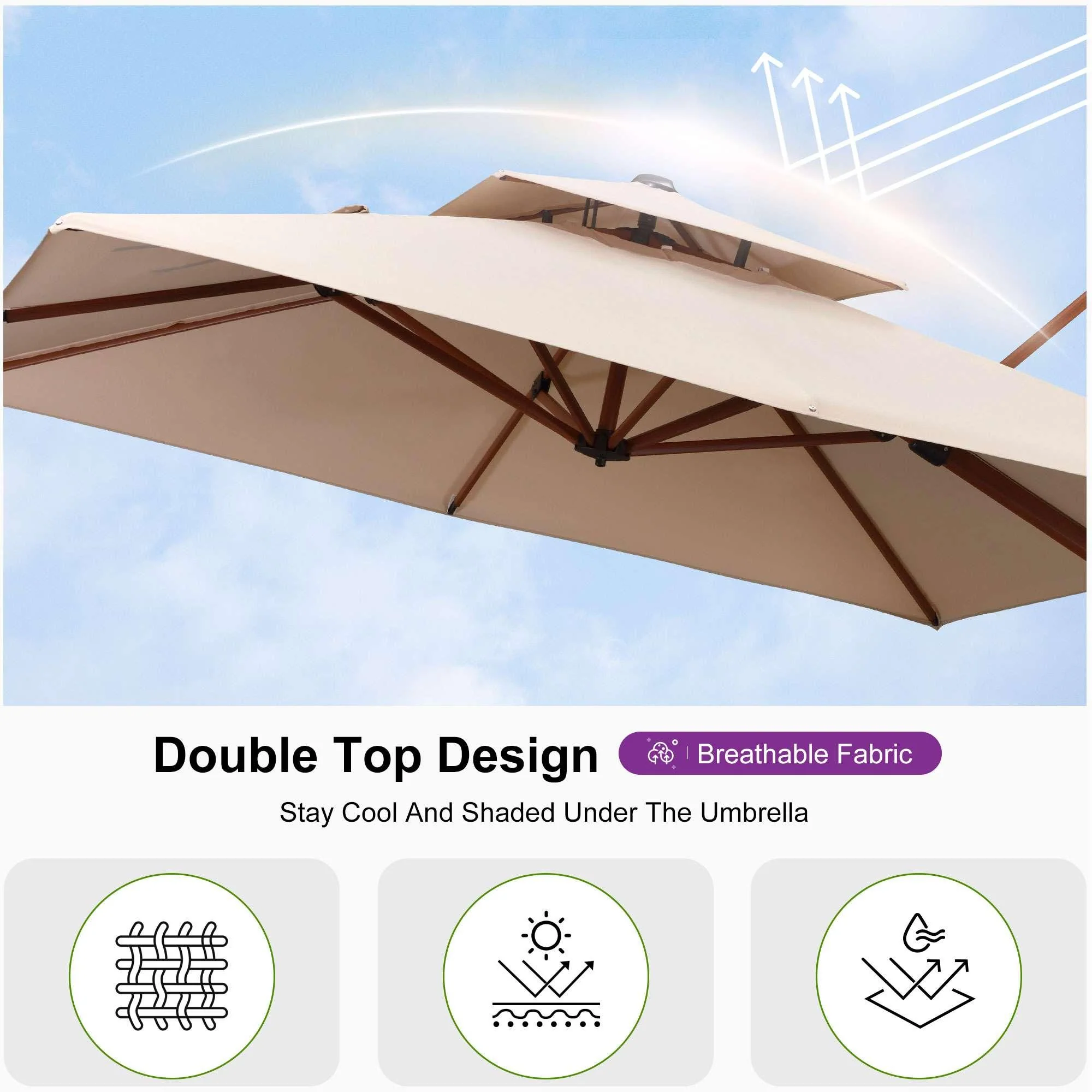 PURPLE LEAF Outdoor Garden Umbrella with Base, Cantilever Umbrellas in Wood Color - Image 73