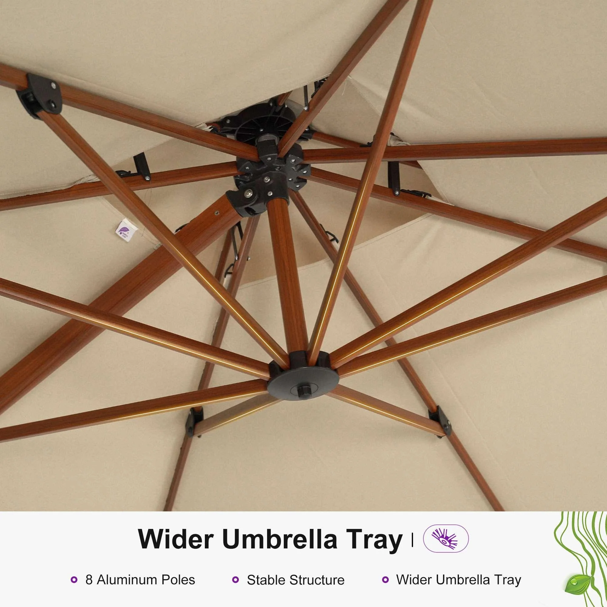 PURPLE LEAF Outdoor Garden Umbrella with Base, Cantilever Umbrellas in Wood Color - Image 74
