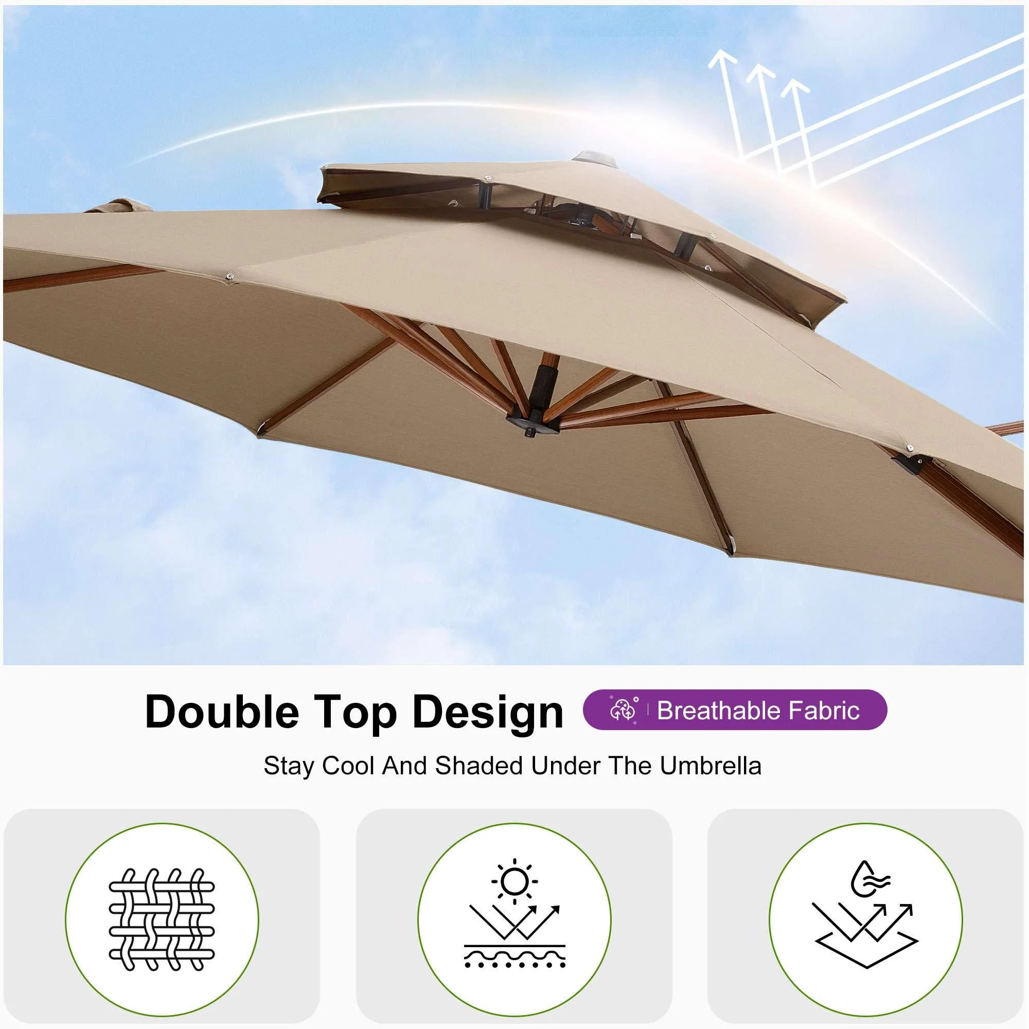 PURPLE LEAF Outdoor Garden Umbrella with Base, Cantilever Umbrellas in Wood Color - Image 75