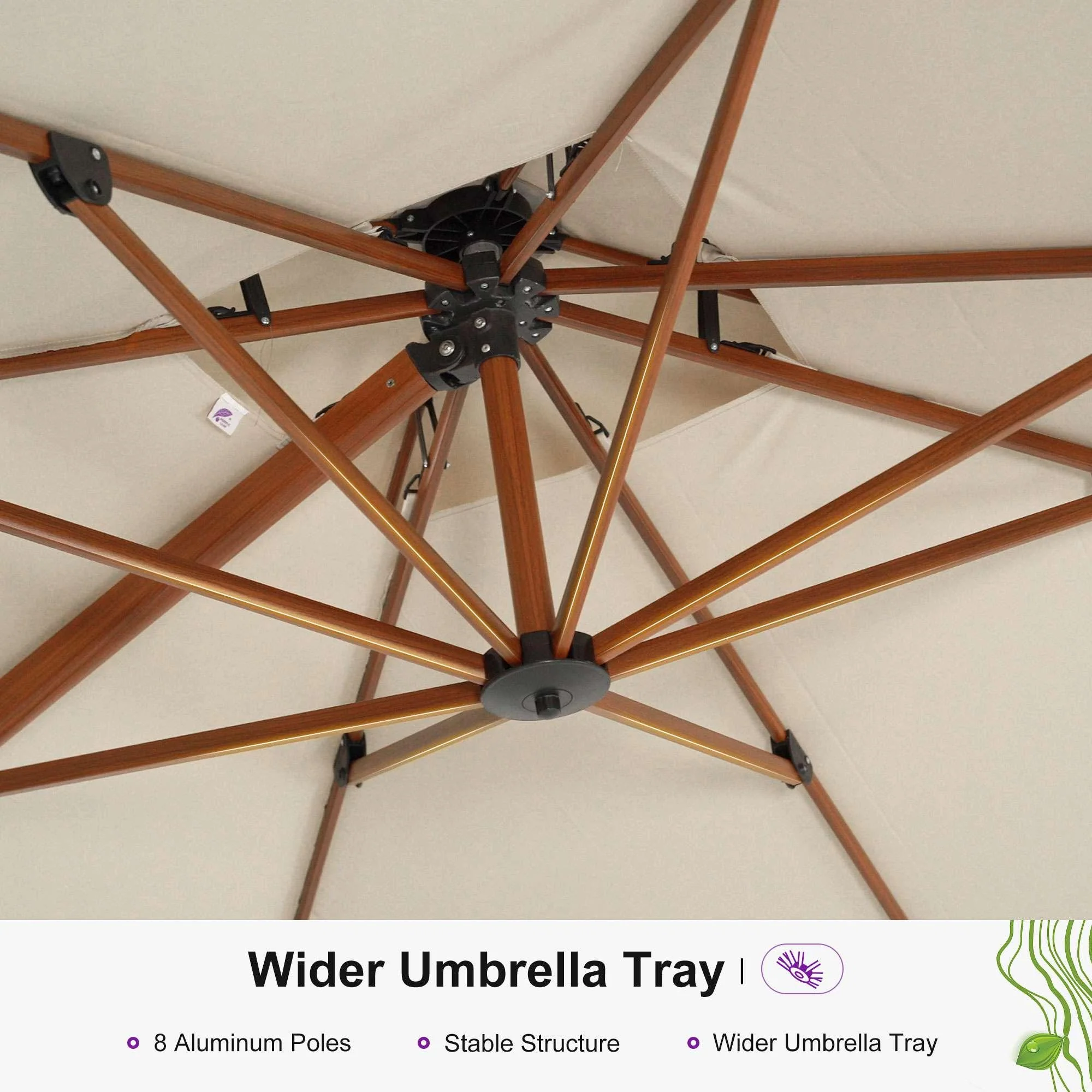 PURPLE LEAF Outdoor Garden Umbrella with Base, Cantilever Umbrellas in Wood Color - Image 81