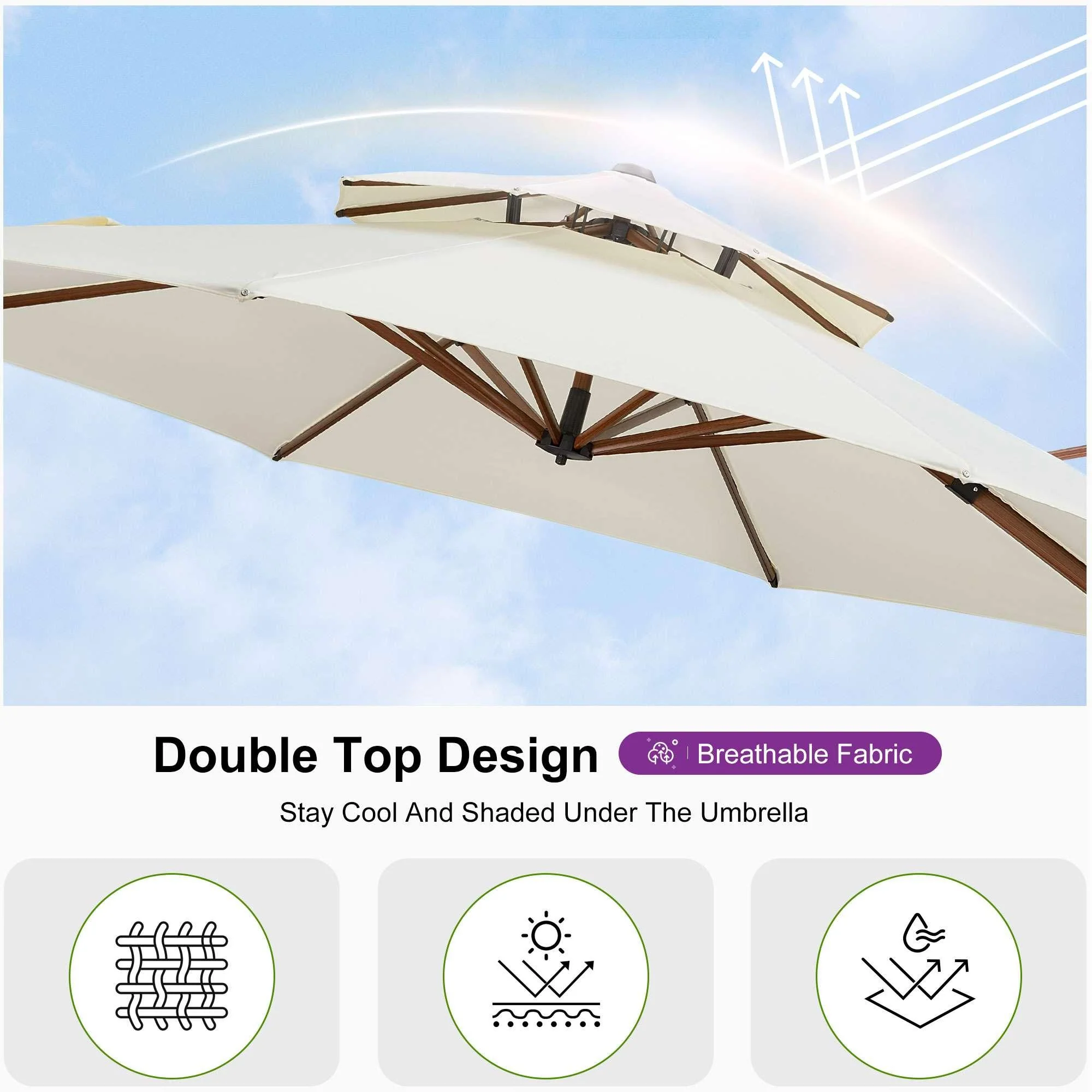 PURPLE LEAF Outdoor Garden Umbrella with Base, Cantilever Umbrellas in Wood Color - Image 82