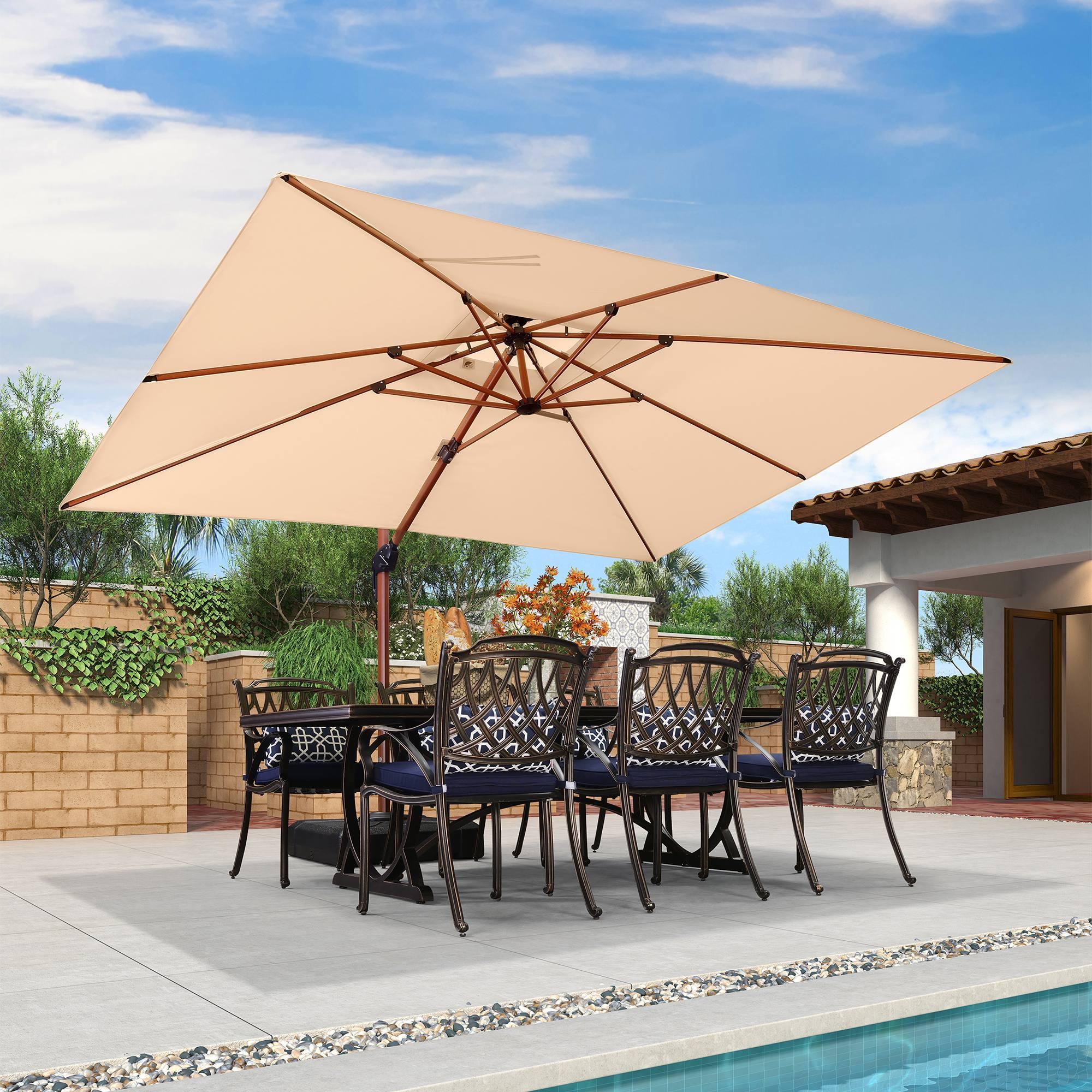 PURPLE LEAF Outdoor Garden Umbrella with Base, Cantilever Umbrellas in Wood Color - Image 85