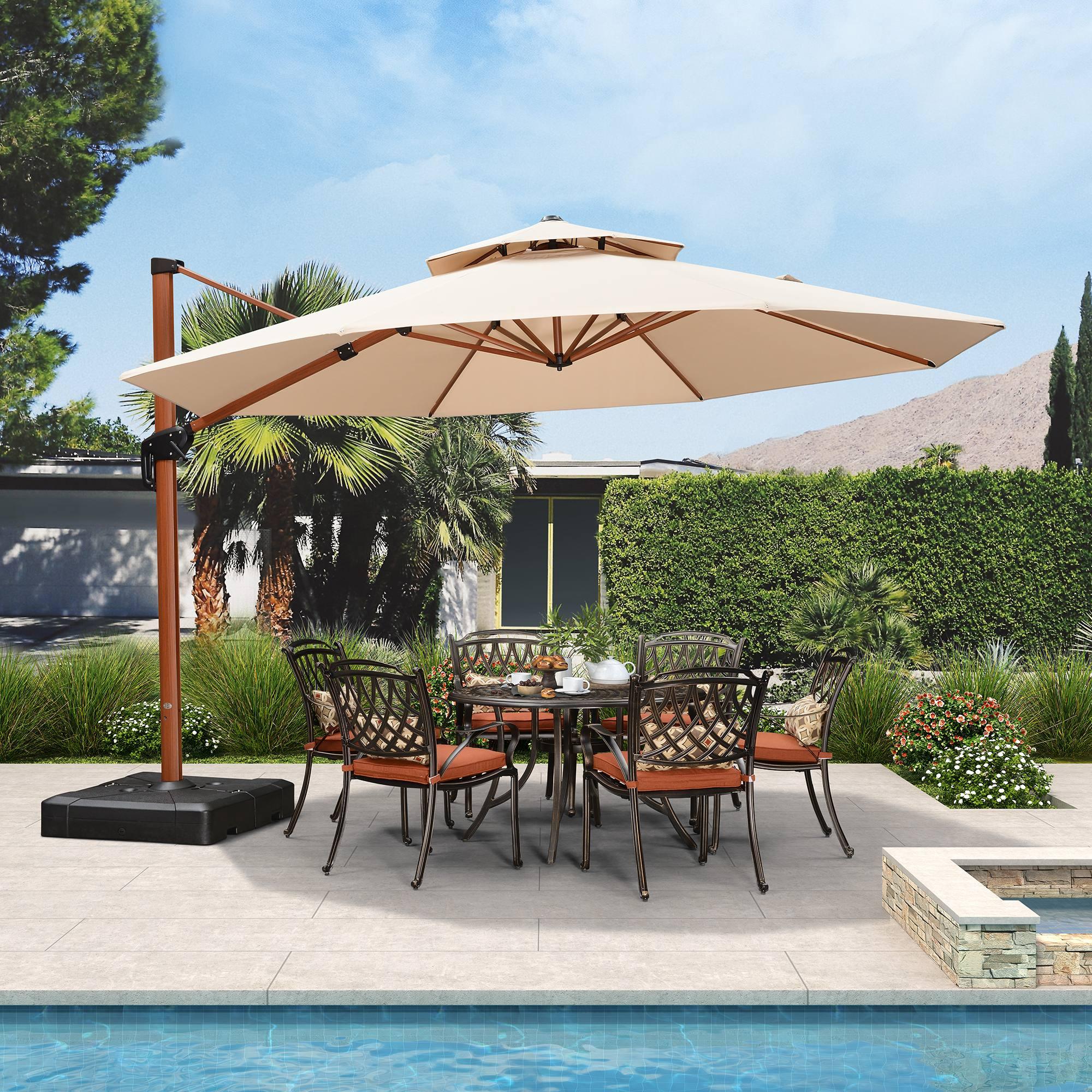 PURPLE LEAF Outdoor Garden Umbrella with Base, Cantilever Umbrellas in Wood Color - Image 86