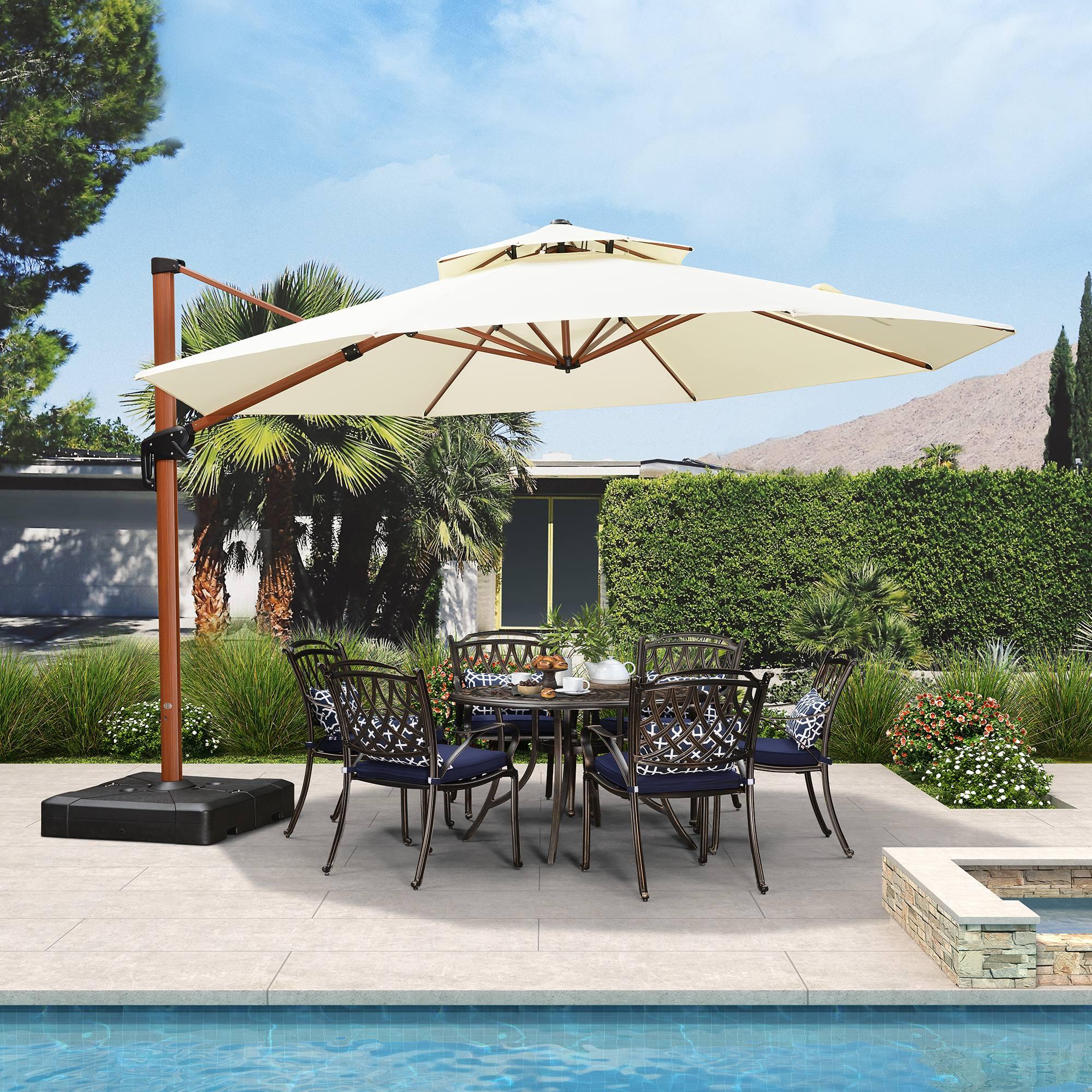 PURPLE LEAF Outdoor Garden Umbrella with Base, Cantilever Umbrellas in Wood Color - Image 87