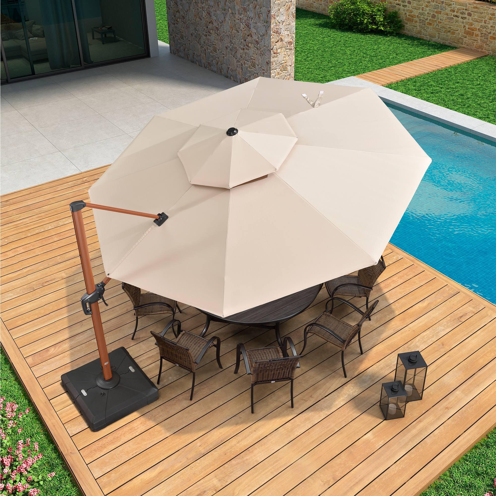 PURPLE LEAF Outdoor Garden Umbrella with Base, Cantilever Umbrellas in Wood Color - Image 88