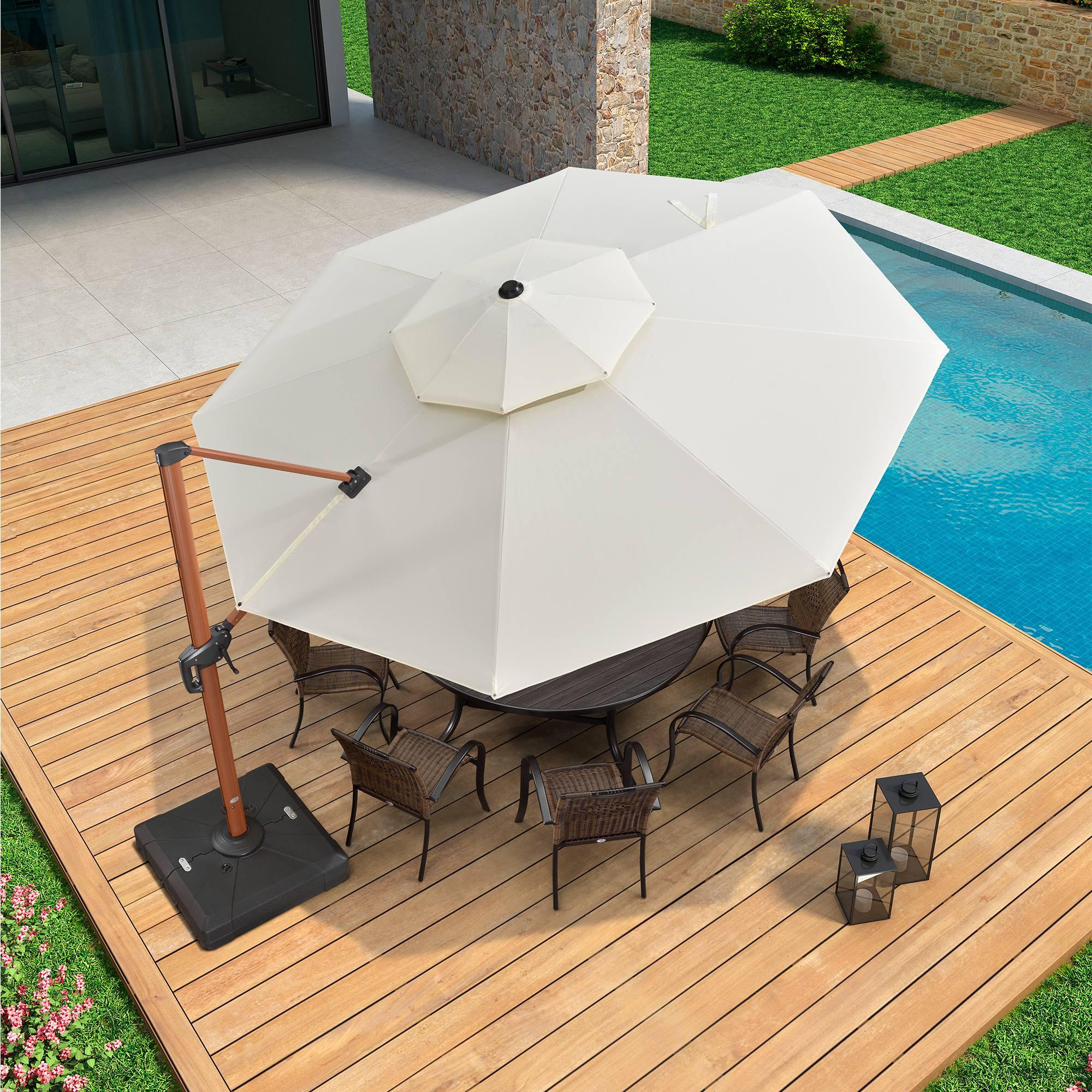 PURPLE LEAF Outdoor Garden Umbrella with Base, Cantilever Umbrellas in Wood Color - Image 89