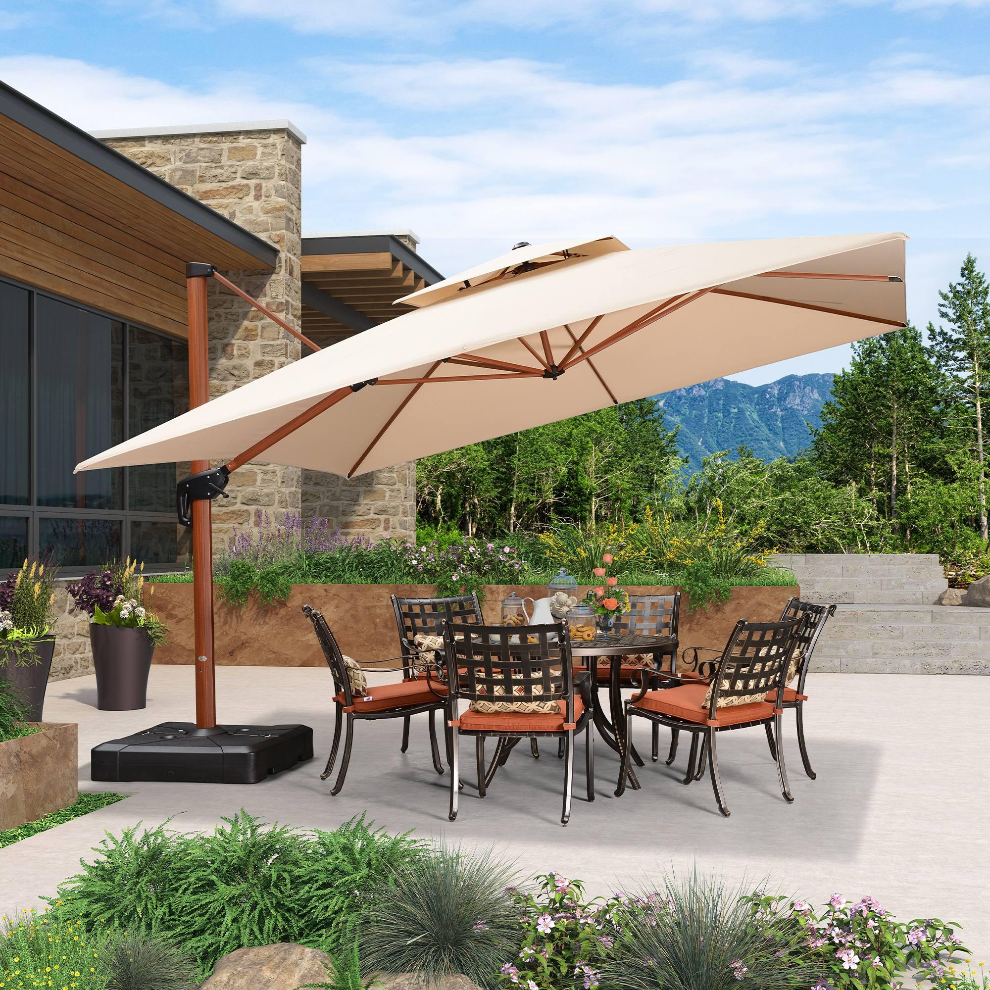 PURPLE LEAF Outdoor Garden Umbrella with Base, Cantilever Umbrellas in Wood Color - Image 90