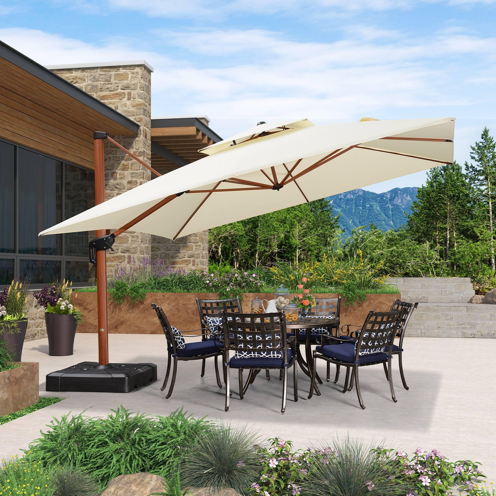 PURPLE LEAF Outdoor Garden Umbrella with Base, Cantilever Umbrellas in Wood Color - Image 91
