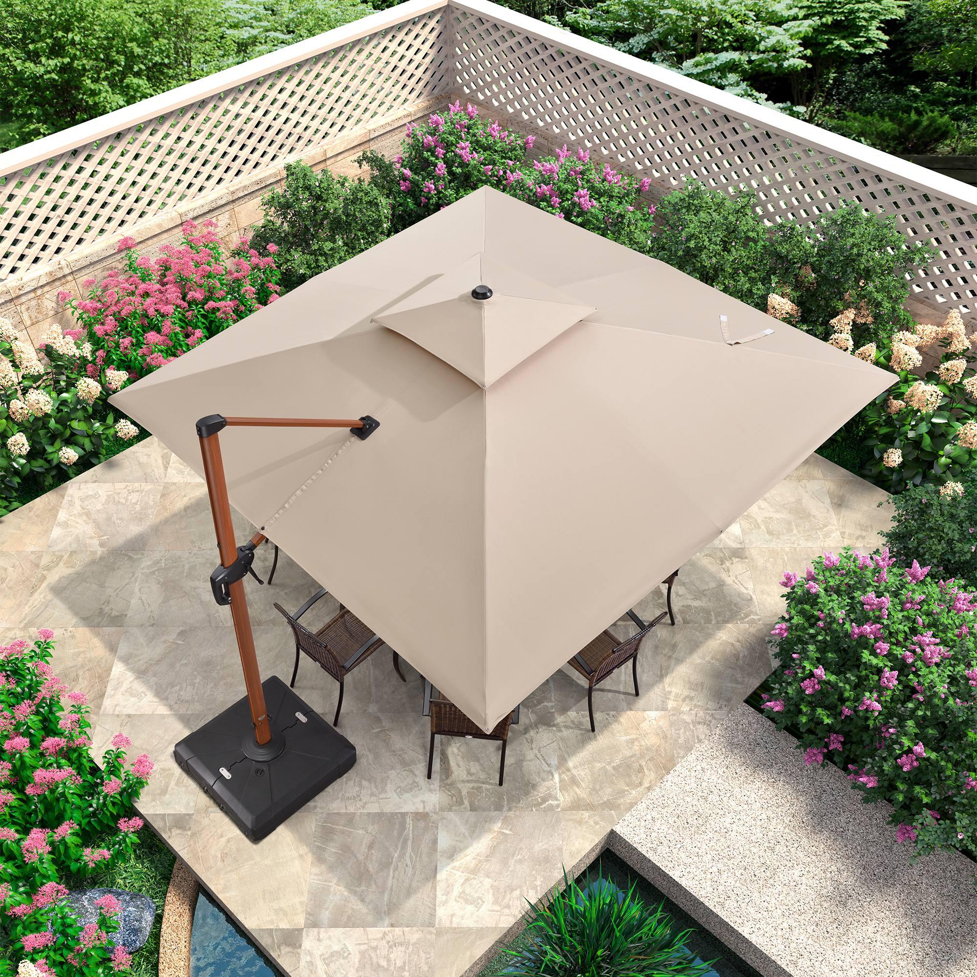 PURPLE LEAF Outdoor Garden Umbrella with Base, Cantilever Umbrellas in Wood Color - Image 92