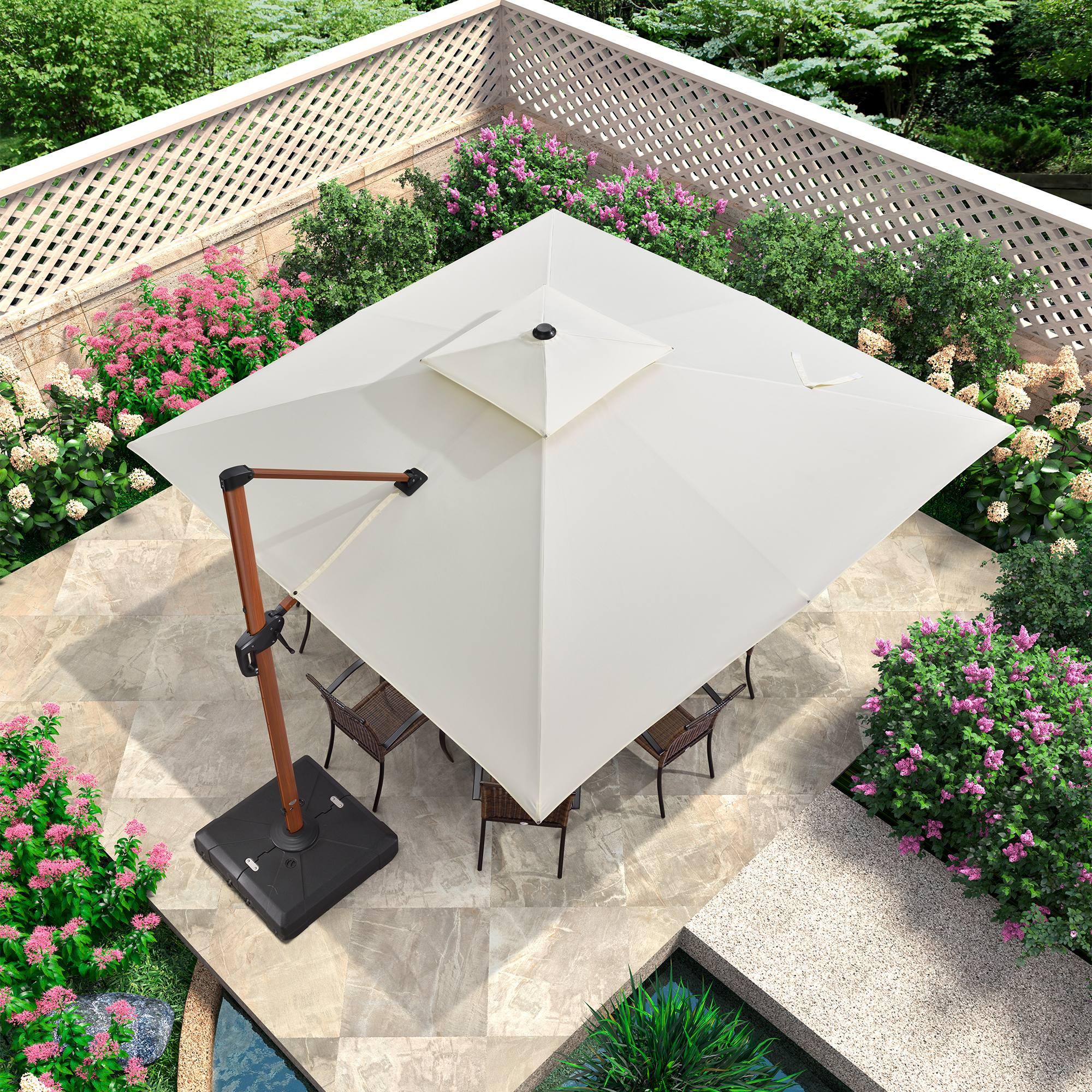 PURPLE LEAF Outdoor Garden Umbrella with Base, Cantilever Umbrellas in Wood Color - Image 93