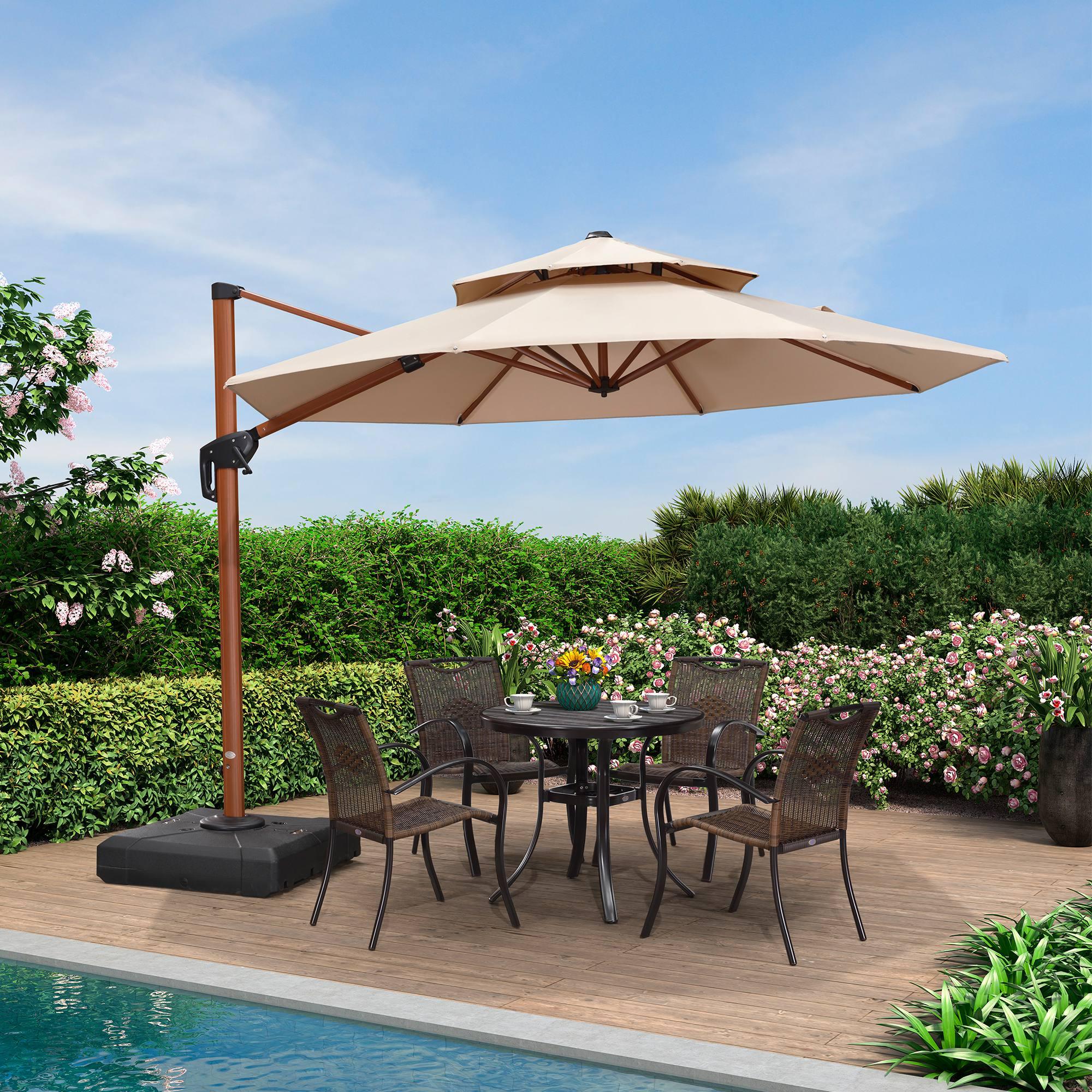 PURPLE LEAF Outdoor Garden Umbrella with Base, Cantilever Umbrellas in Wood Color - Image 94