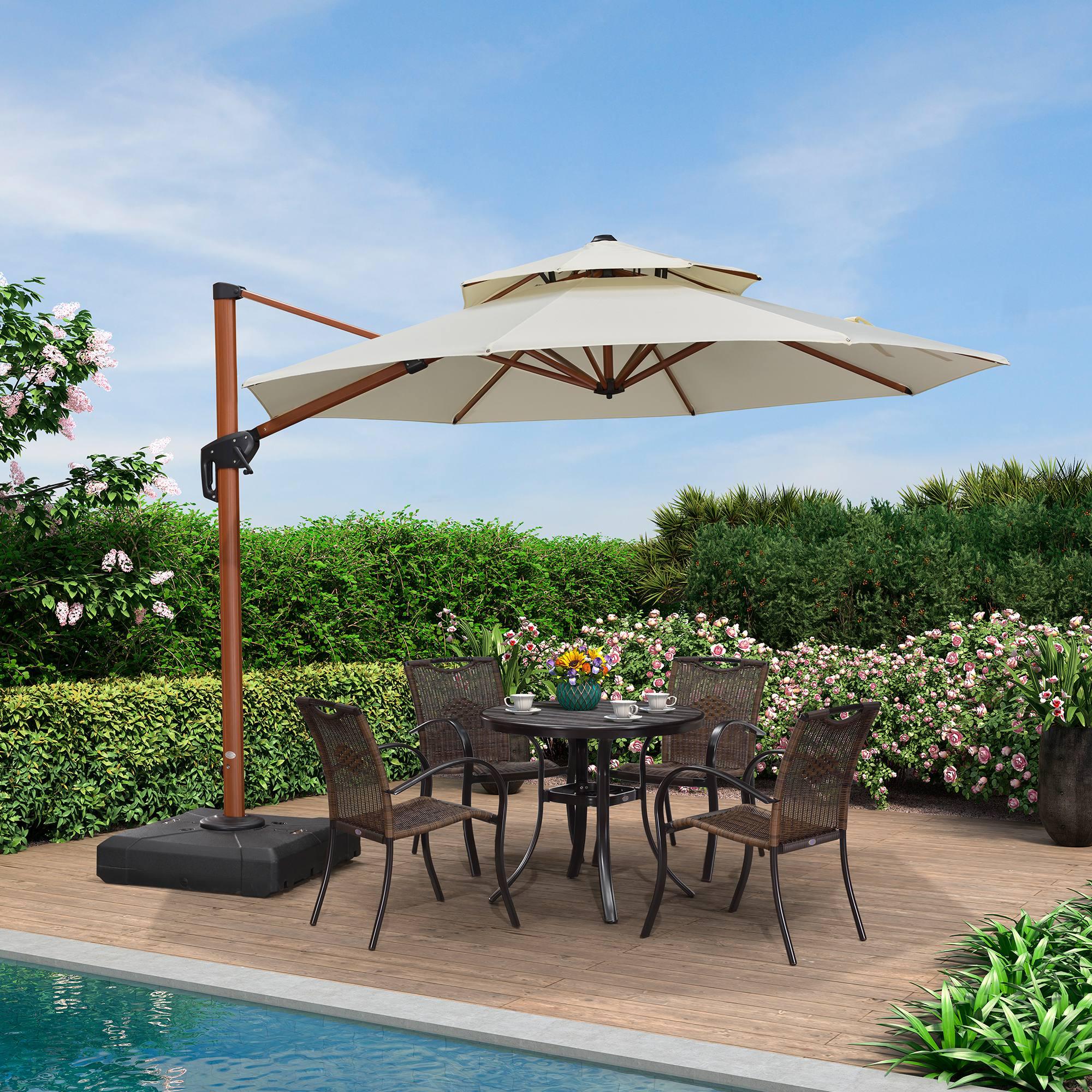 PURPLE LEAF Outdoor Garden Umbrella with Base, Cantilever Umbrellas in Wood Color - Image 95