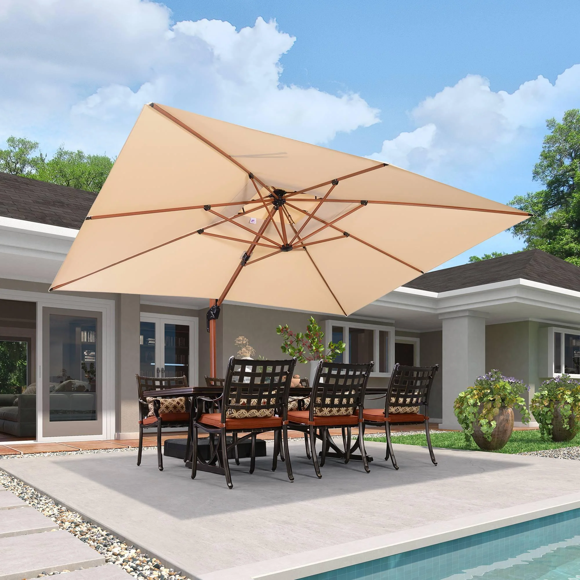 PURPLE LEAF Outdoor Garden Umbrella with Base, Cantilever Umbrellas in Wood Color - Image 96