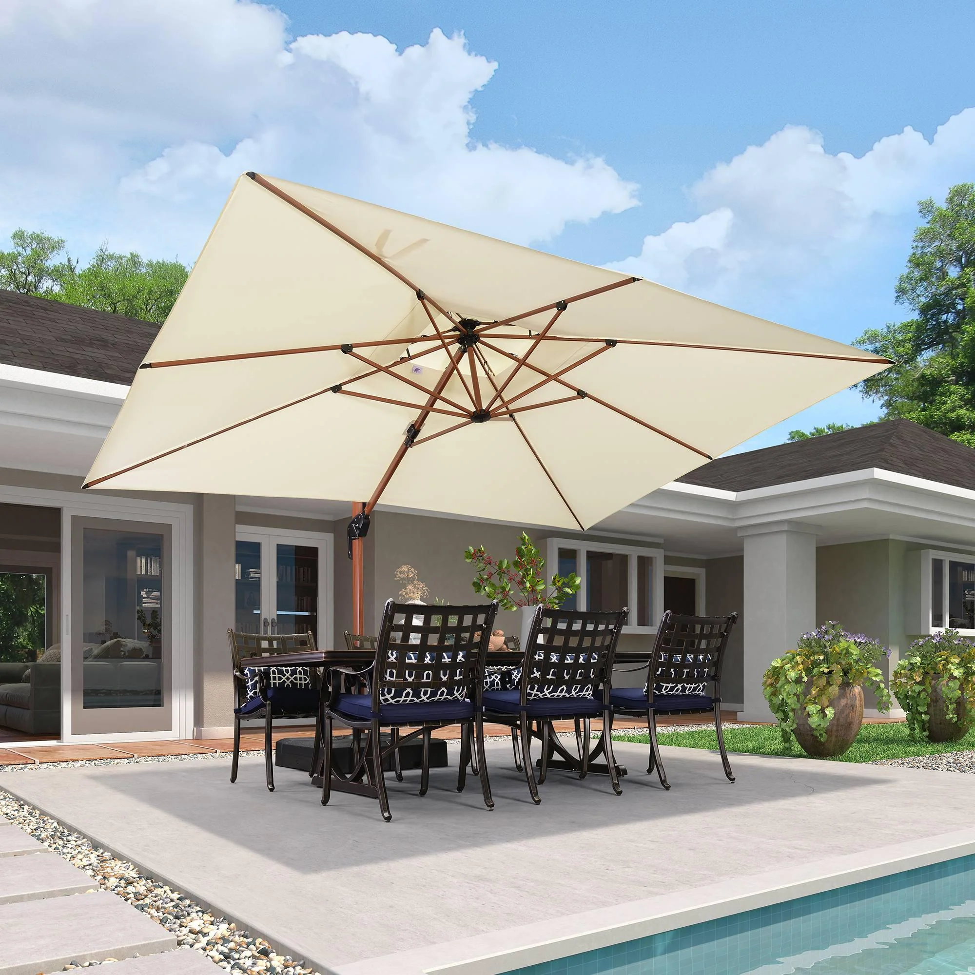 PURPLE LEAF Outdoor Garden Umbrella with Base, Cantilever Umbrellas in Wood Color - Image 97
