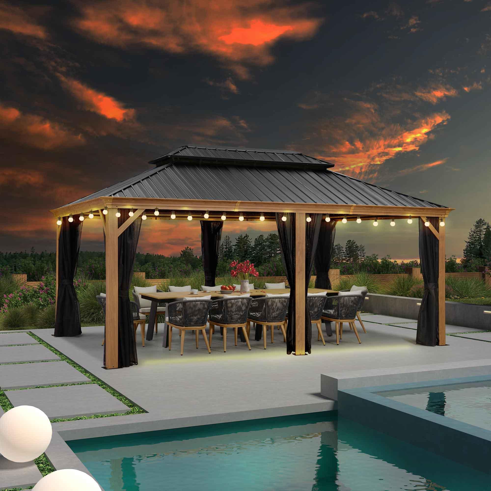 PURPLE LEAF Hardtop Gazebo for Patio Wood Grain Galvanized Steel Frame Awning with String Lights-milky - Image 10
