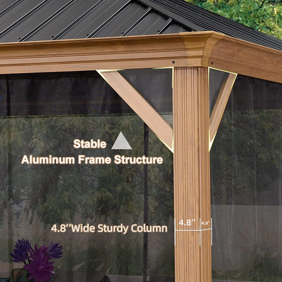 PURPLE LEAF Hardtop Gazebo for Patio Wood Grain Galvanized Steel Frame Awning with String Lights-milky - Image 33