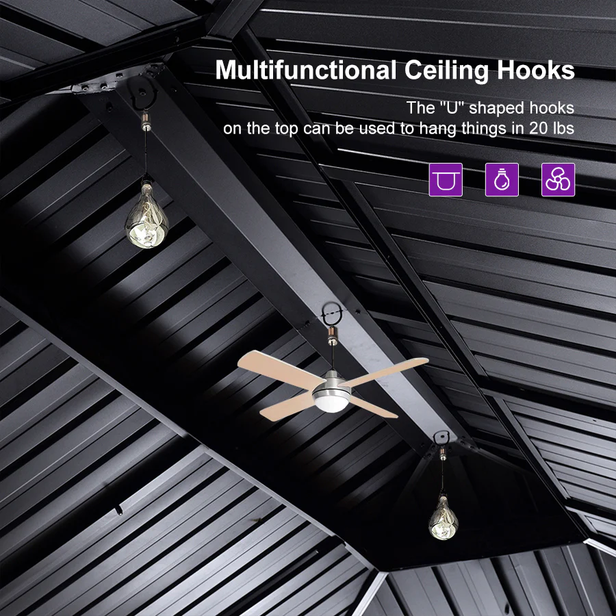 PURPLE LEAF Hardtop Gazebo for Patio Wood Grain Galvanized Steel Frame Awning with String Lights-milky - Image 35