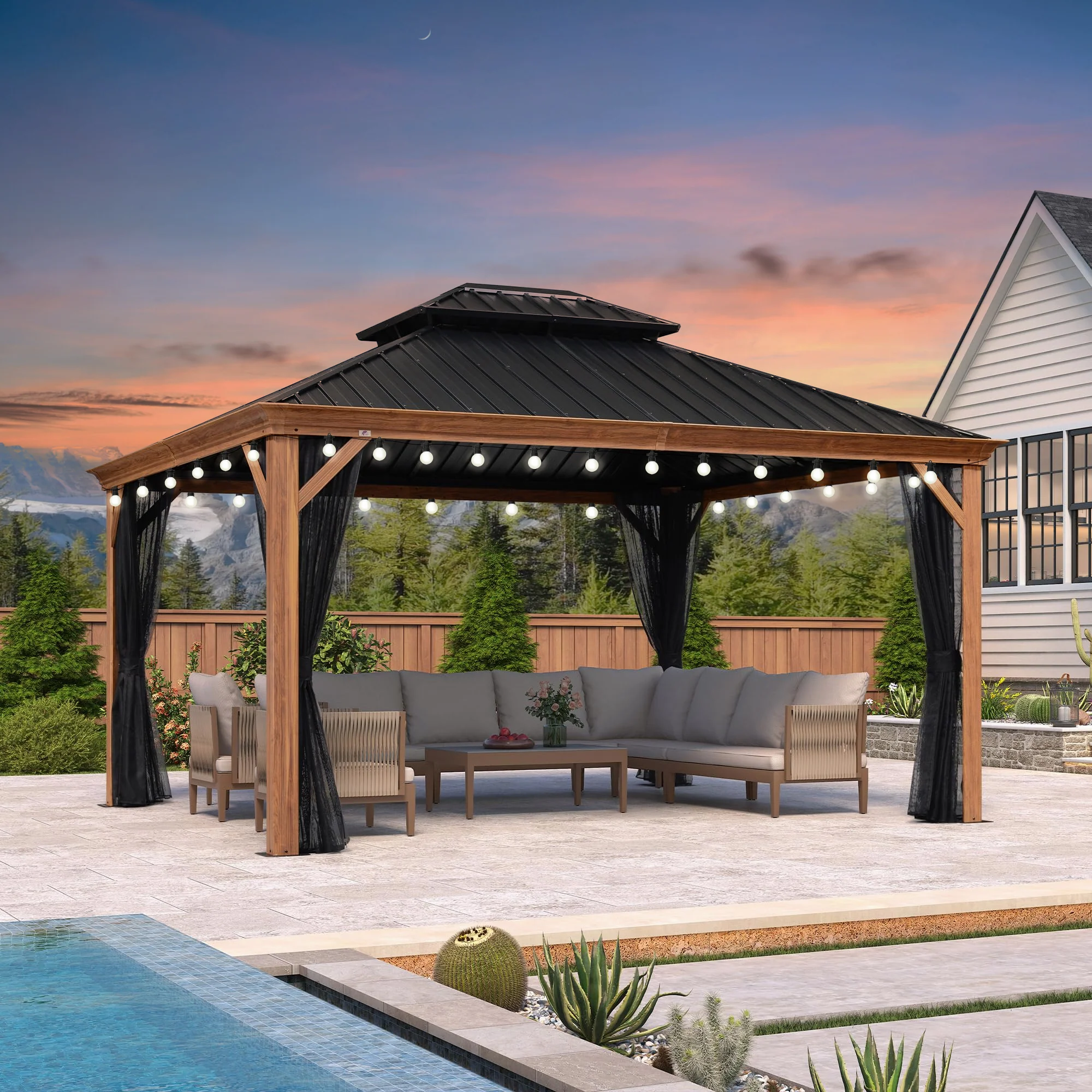 PURPLE LEAF Hardtop Gazebo for Patio Wood Grain Galvanized Steel Frame Awning with String Lights-milky - Image 37