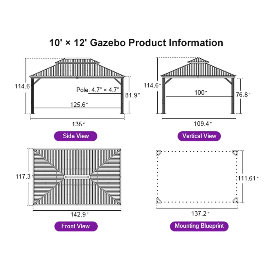 PURPLE LEAF Hardtop Gazebo for Patio Wood Grain Galvanized Steel Frame Awning with String Lights-milky - Image 49