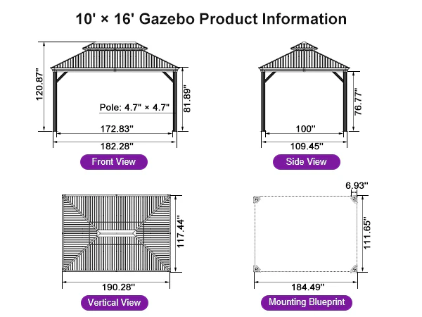 PURPLE LEAF Hardtop Gazebo for Patio Wood Grain Galvanized Steel Frame Awning with String Lights-milky - Image 59