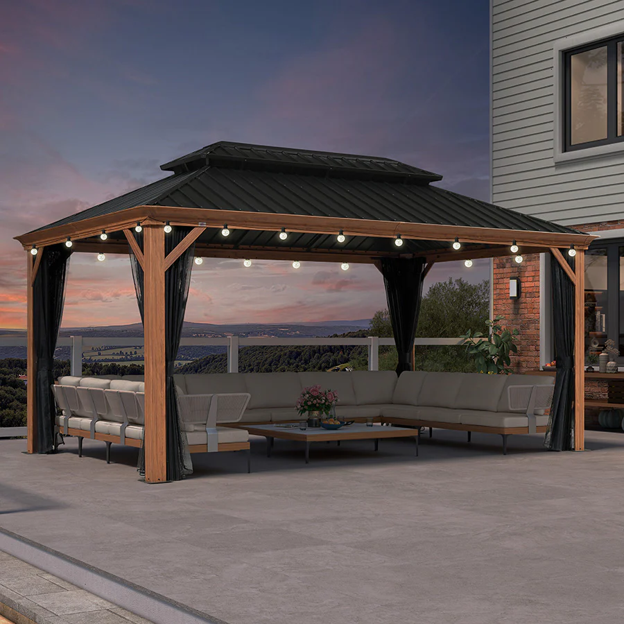 PURPLE LEAF Hardtop Gazebo for Patio Wood Grain Galvanized Steel Frame Awning with String Lights-milky - Image 60