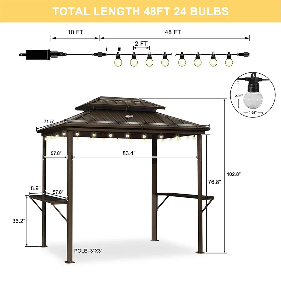 PURPLE LEAF Hardtop Grill Gazebo for Patio Bronze Permanent Metal Roof Outside Sun Shade Outdoor BBQ Canopy with String Lights - Image 82