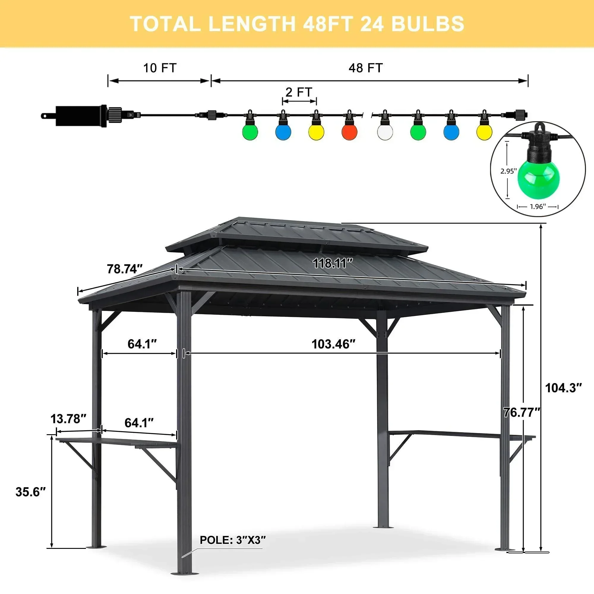 PURPLE LEAF Hardtop Grill Gazebo for Patio Grey Permanent Metal Roof Outside Sun Shade Outdoor BBQ Canopy with String Lights - Image 32