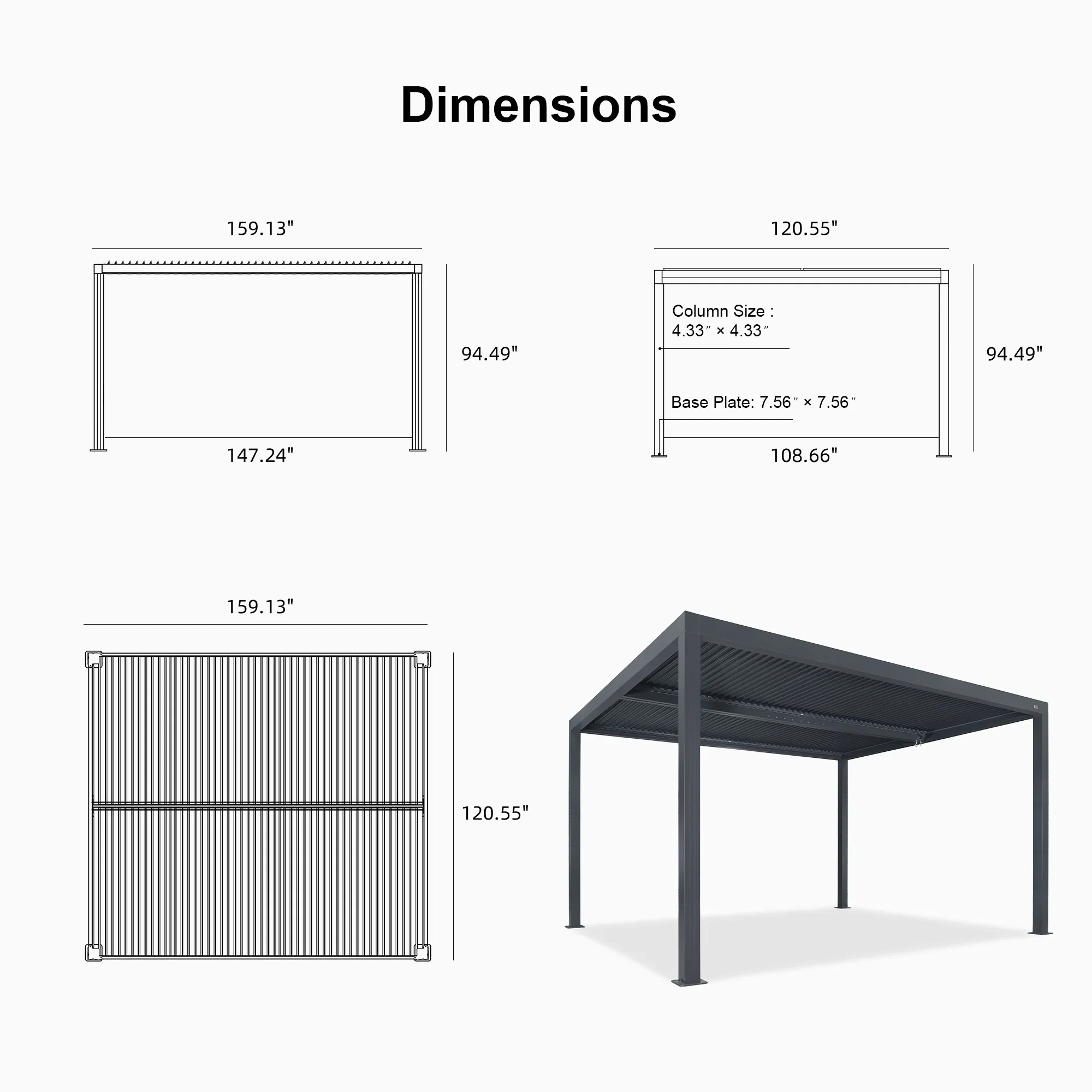 PURPLE LEAF Athena Louvered Pergola Grey Outdoor Aluminum Pergola with Roller Blind Adjustable Gazebo for Patio Deck Garden - Image 84