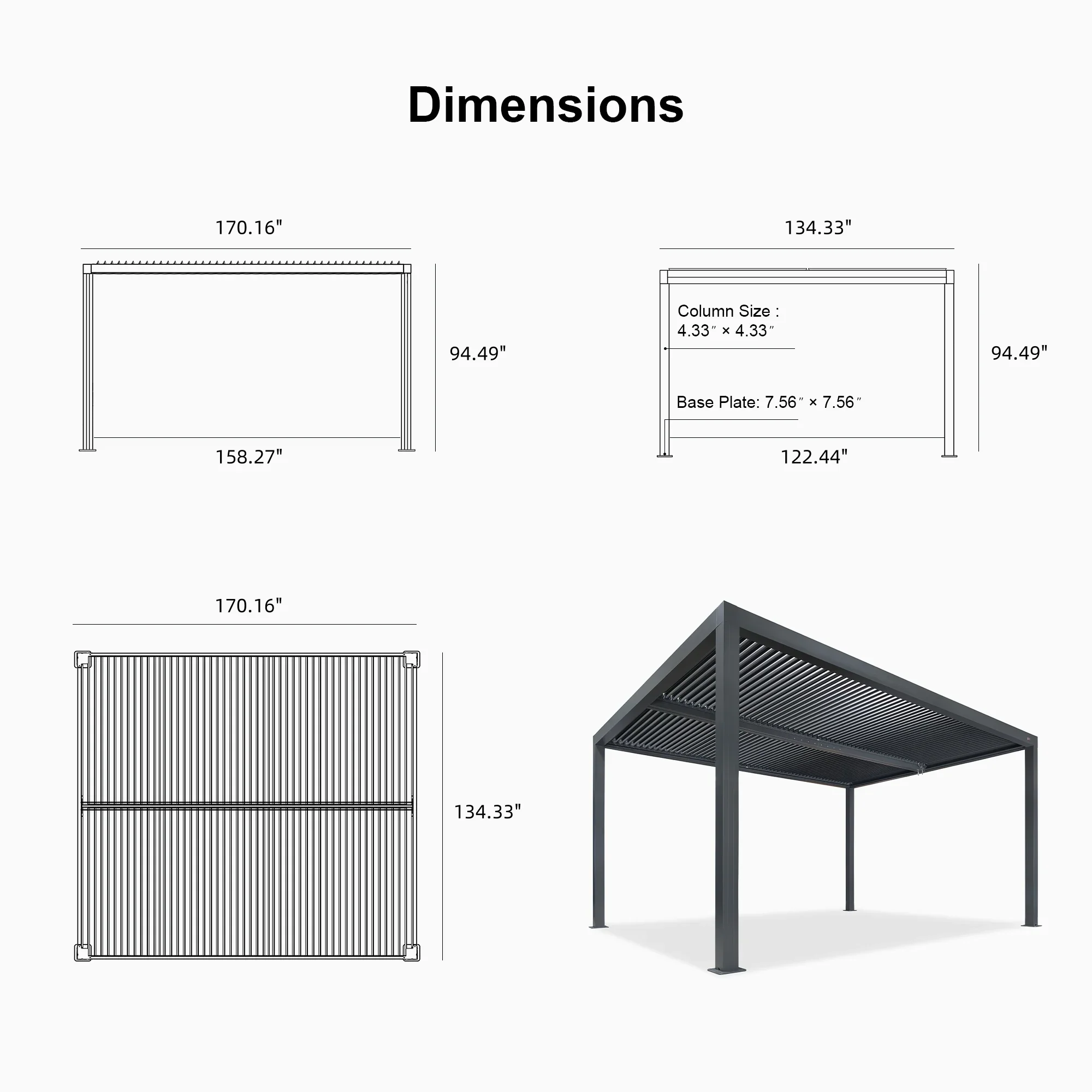 PURPLE LEAF Athena Louvered Pergola Grey Outdoor Aluminum Pergola with Roller Blind Adjustable Gazebo for Patio Deck Garden - Image 88