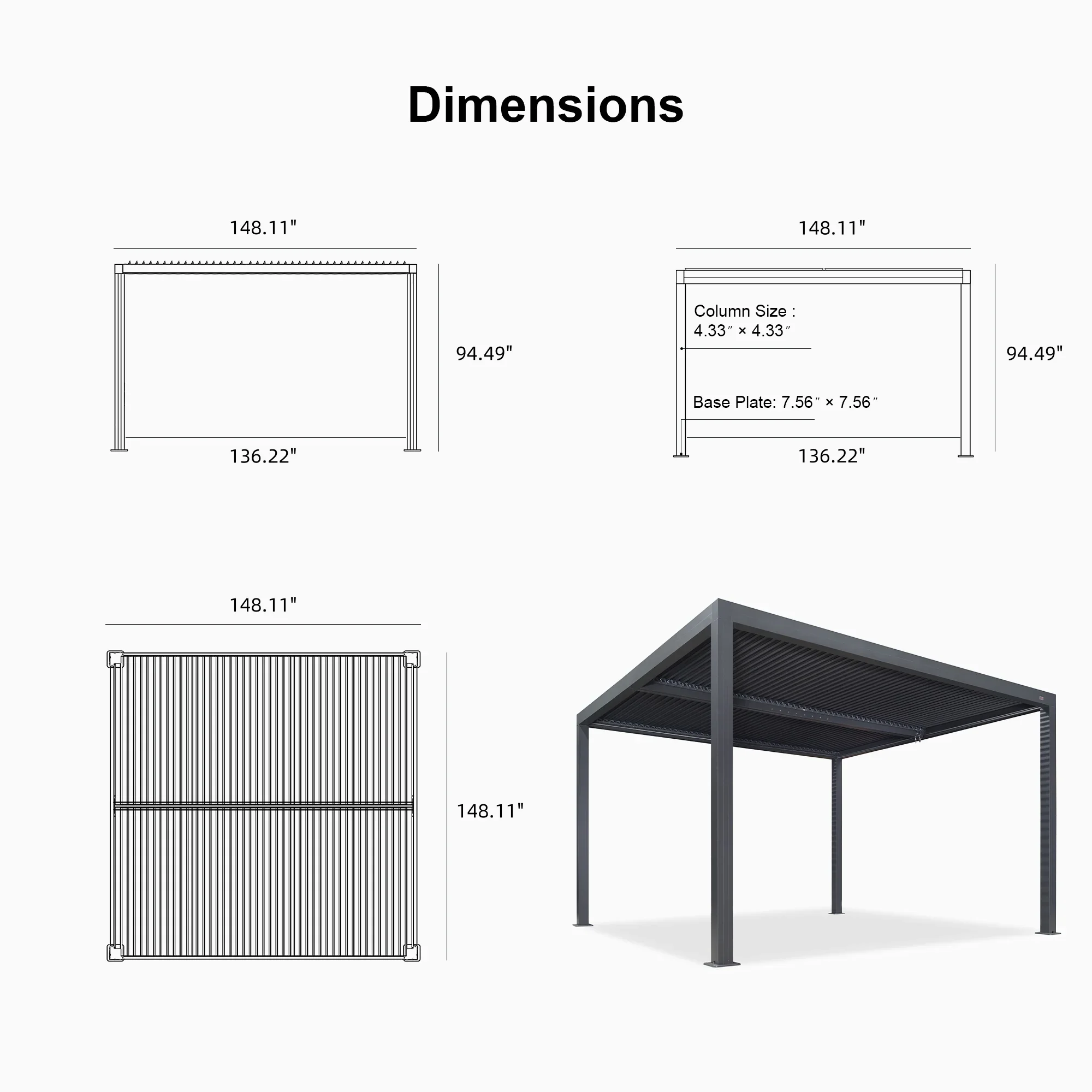 PURPLE LEAF Athena Louvered Pergola Grey Outdoor Aluminum Pergola with Roller Blind Adjustable Gazebo for Patio Deck Garden - Image 90