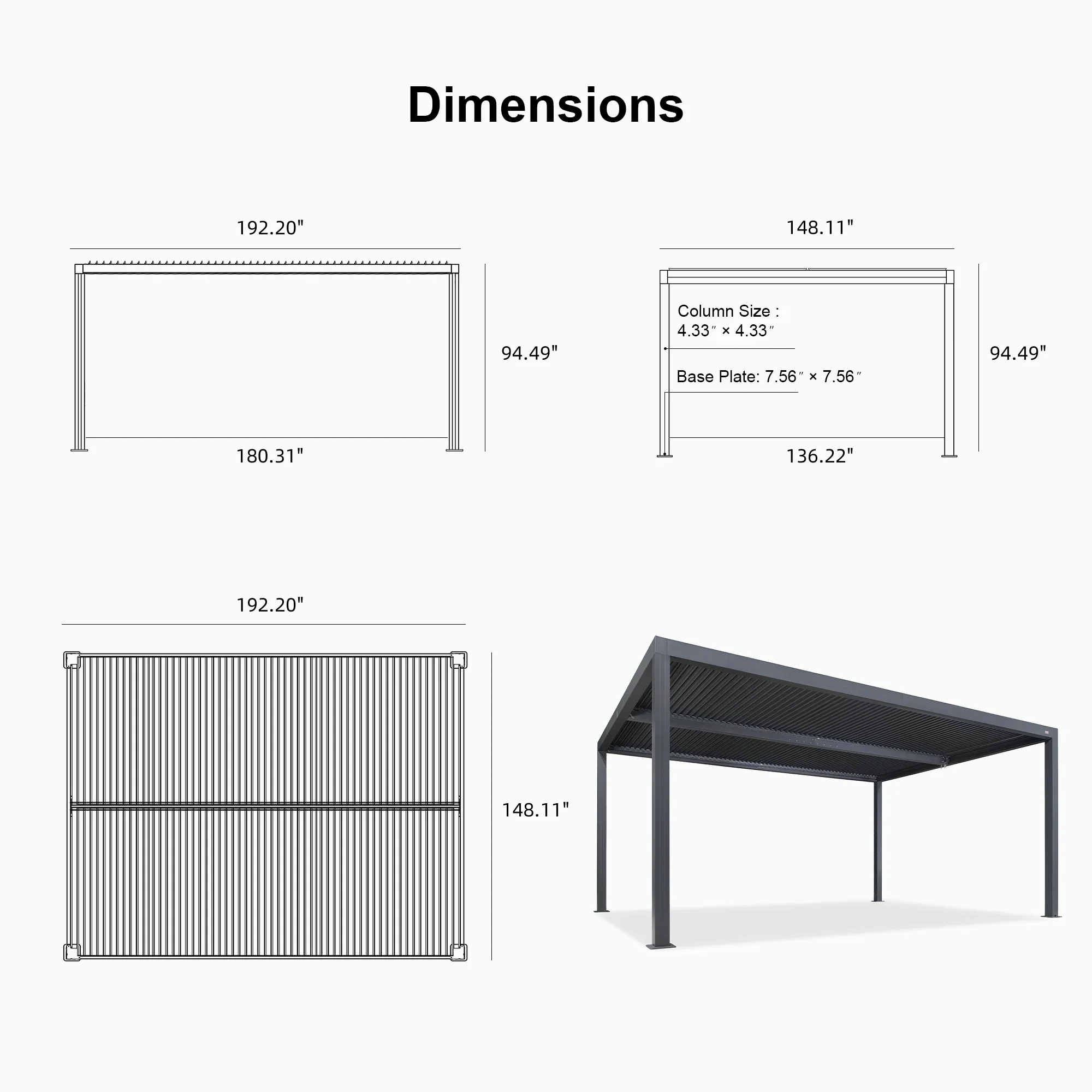 PURPLE LEAF Athena Louvered Pergola Grey Outdoor Aluminum Pergola with Roller Blind Adjustable Gazebo for Patio Deck Garden - Image 92
