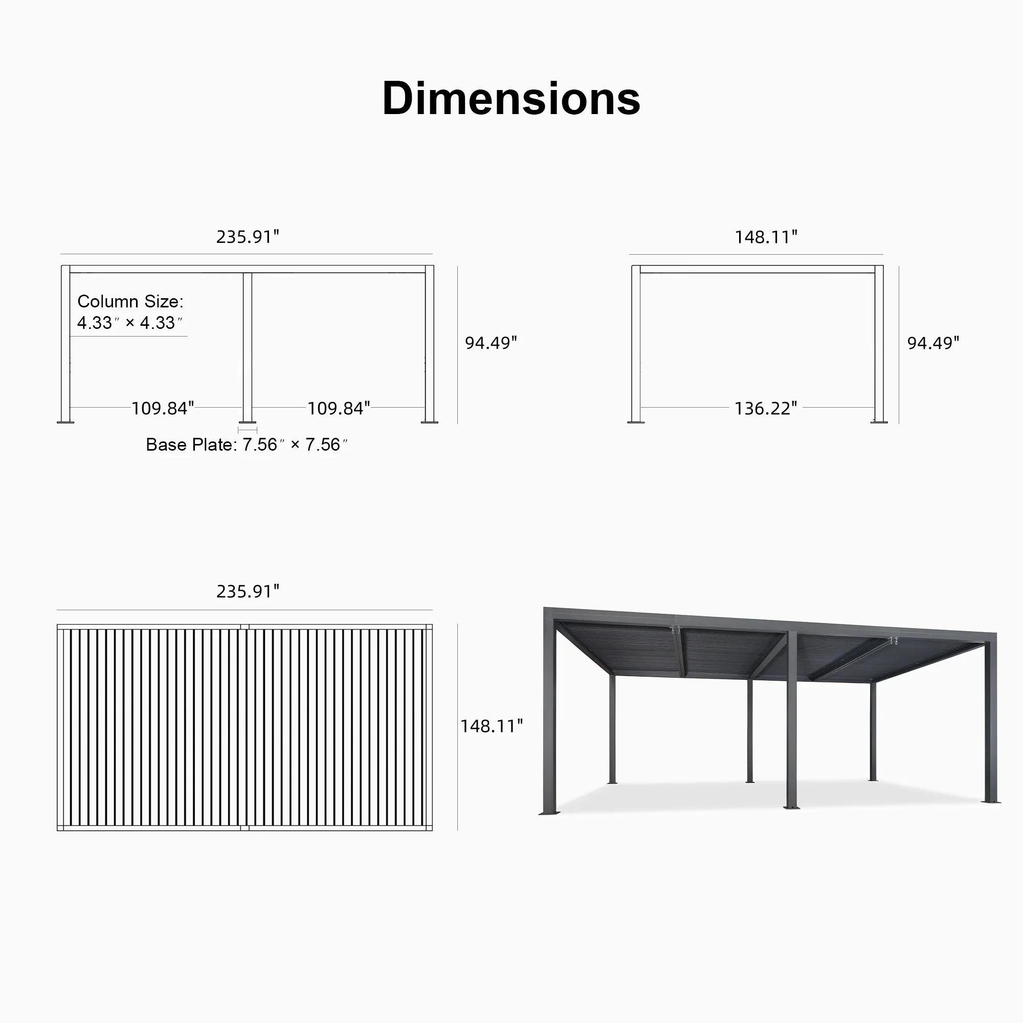 PURPLE LEAF Athena Louvered Pergola Grey Outdoor Aluminum Pergola with Roller Blind Adjustable Gazebo for Patio Deck Garden - Image 93