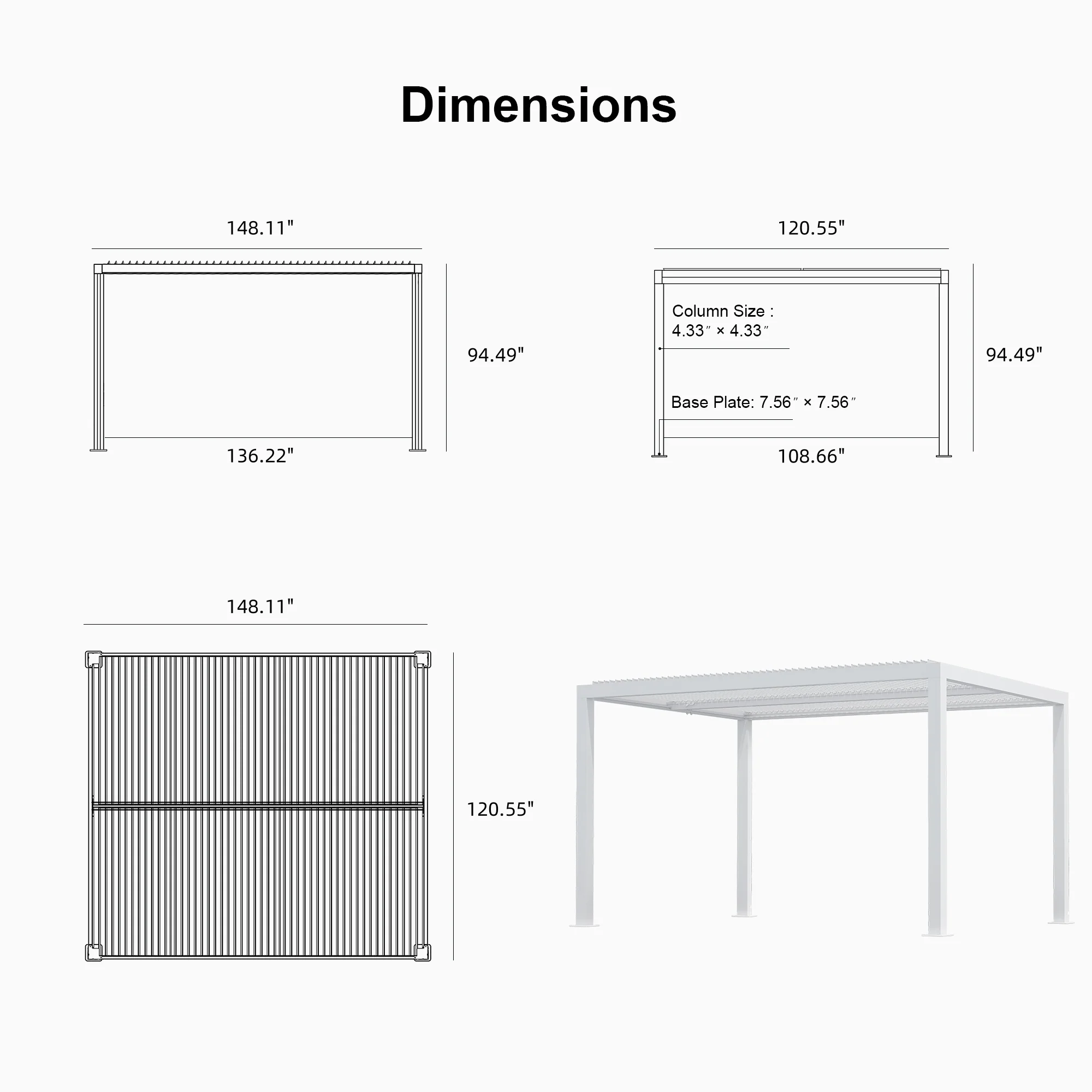 PURPLE LEAF Athena Louvered Pergola Modern White Pergola with Adjustable Roof for Deck Backyard Garden - Image 107
