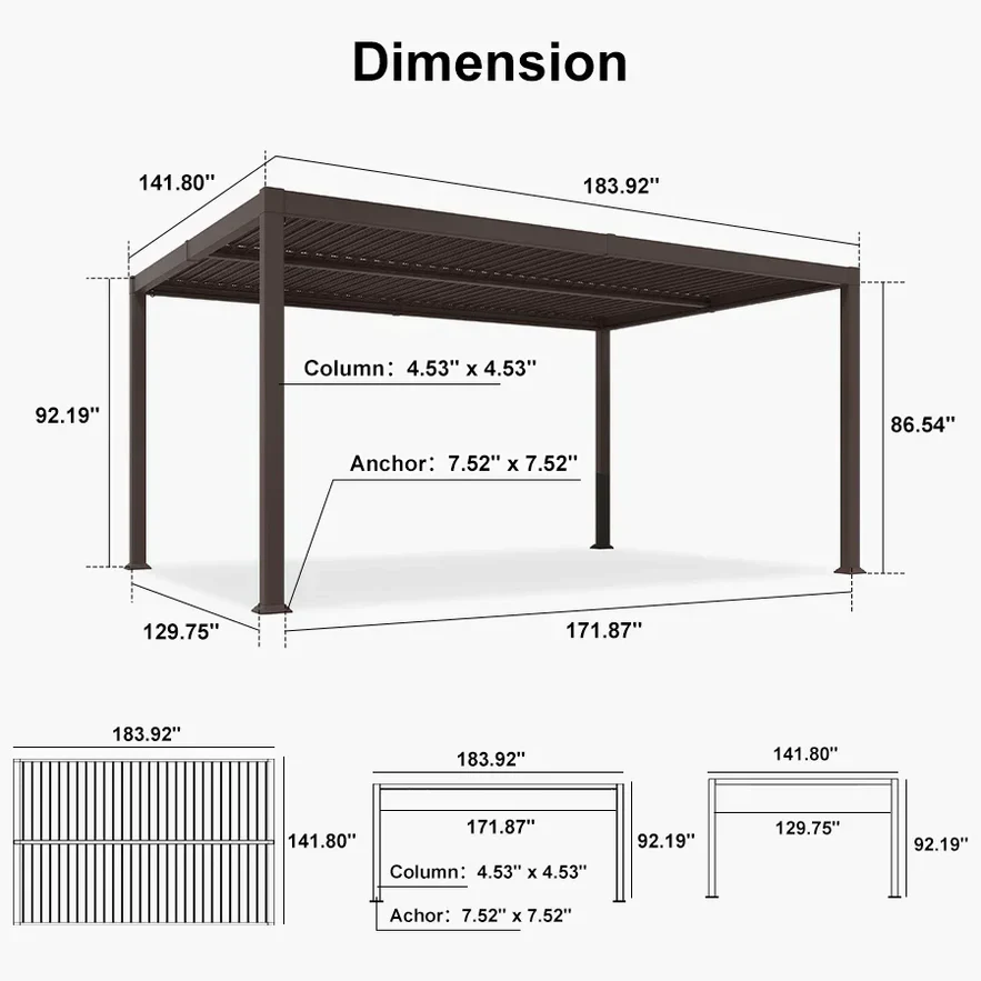 PURPLE LEAF Caesar Louvered Pergola Outdoor Adjustable Louvre Shade Modern Patio Aluminum Pergola with  Yellow Lights - Image 44