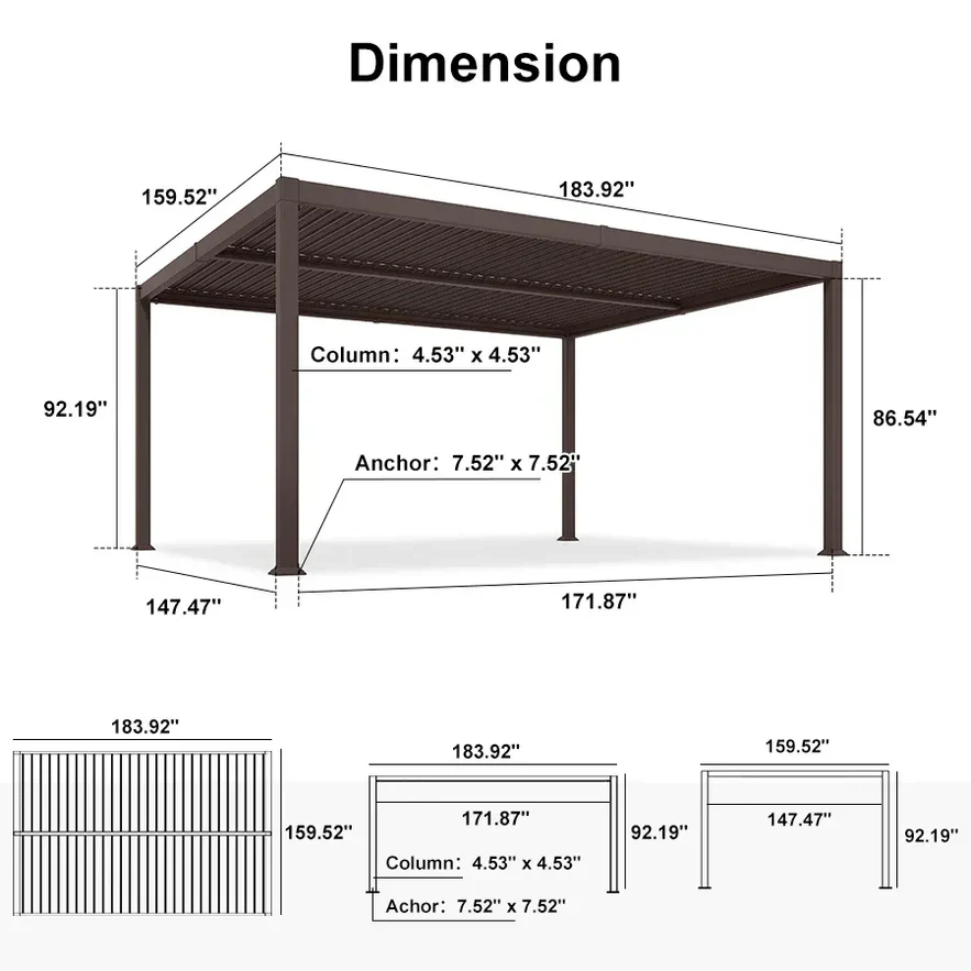 PURPLE LEAF Caesar Louvered Pergola Outdoor Adjustable Louvre Shade Modern Patio Aluminum Pergola with  Yellow Lights - Image 45