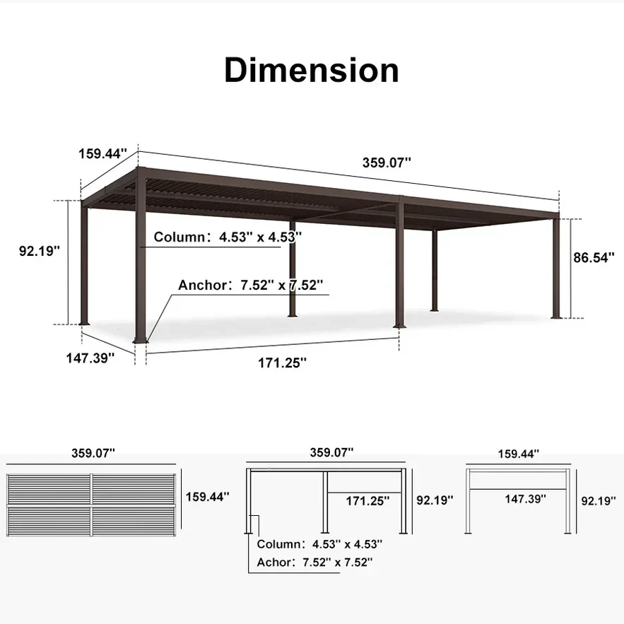 PURPLE LEAF Caesar Louvered Pergola Outdoor Adjustable Louvre Shade Modern Patio Aluminum Pergola with  Yellow Lights - Image 48