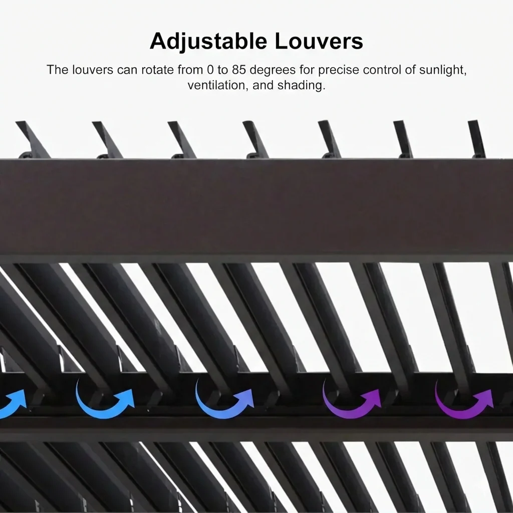 PURPLE LEAF Caesar Louvered Pergola Outdoor Adjustable Louvre Shade Modern Patio Aluminum Pergola with  Yellow Lights - Image 49