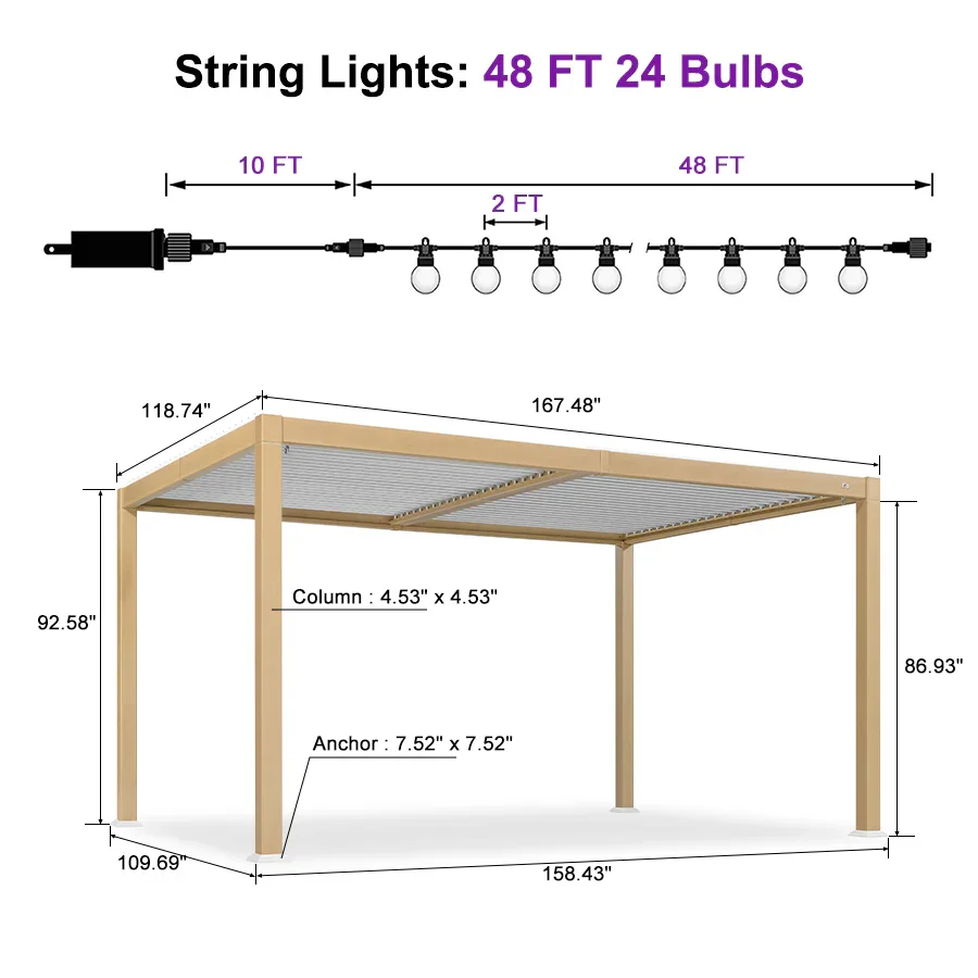 PURPLE LEAF Caesar Louvered Pergola Outdoor Wood Grain Aluminum Pergola with Adjustable Roof Patio Rainproof Hardtop Gazebo With Milky Lights - Image 27
