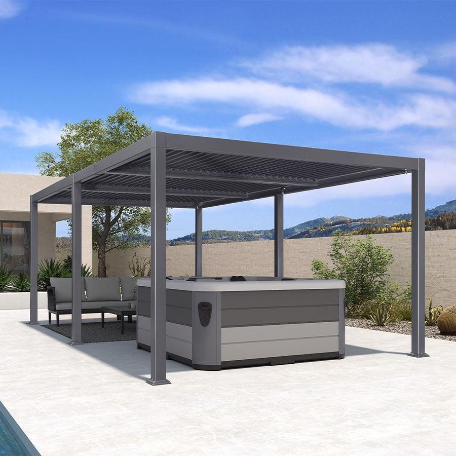 PURPLE LEAF Caesar Louvered Pergola Outdoor Wood Grain Aluminum Pergola with Adjustable Roof Patio Rainproof Hardtop Gazebo With Milky Lights - Image 5