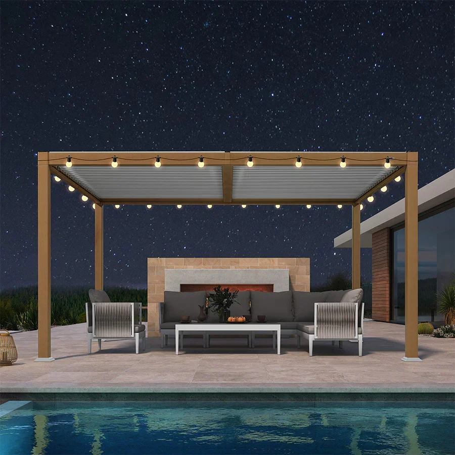 PURPLE LEAF Caesar Louvered Pergola Outdoor Wood Grain Aluminum Pergola with Adjustable Roof Patio Rainproof Hardtop Gazebo With Yellow Lights - Image 22
